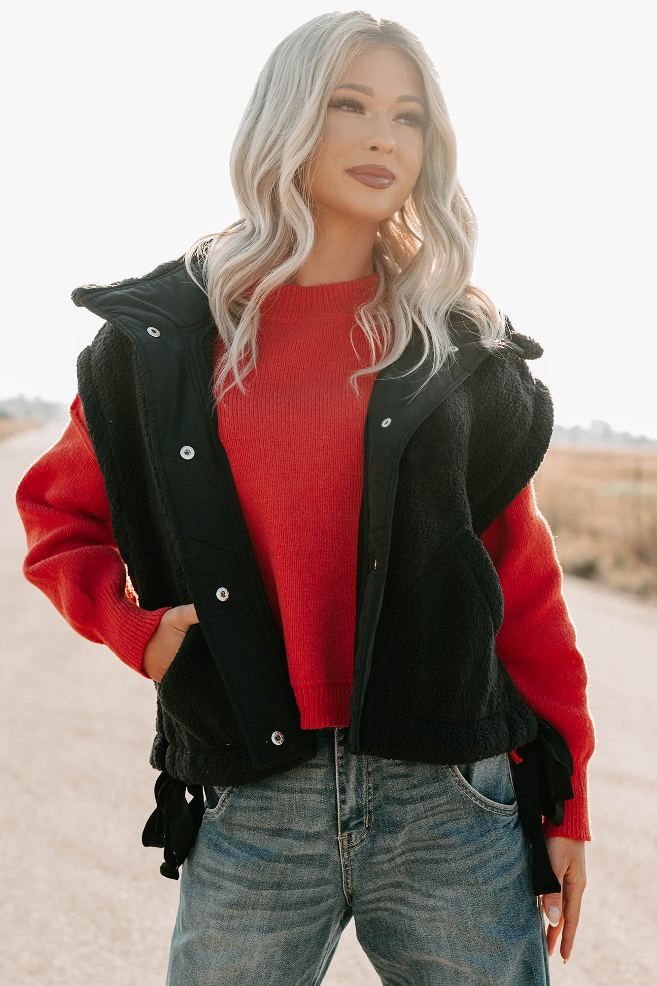 Dream Ahead Fleece Side Tie Vest (Black)-The Formal Wear