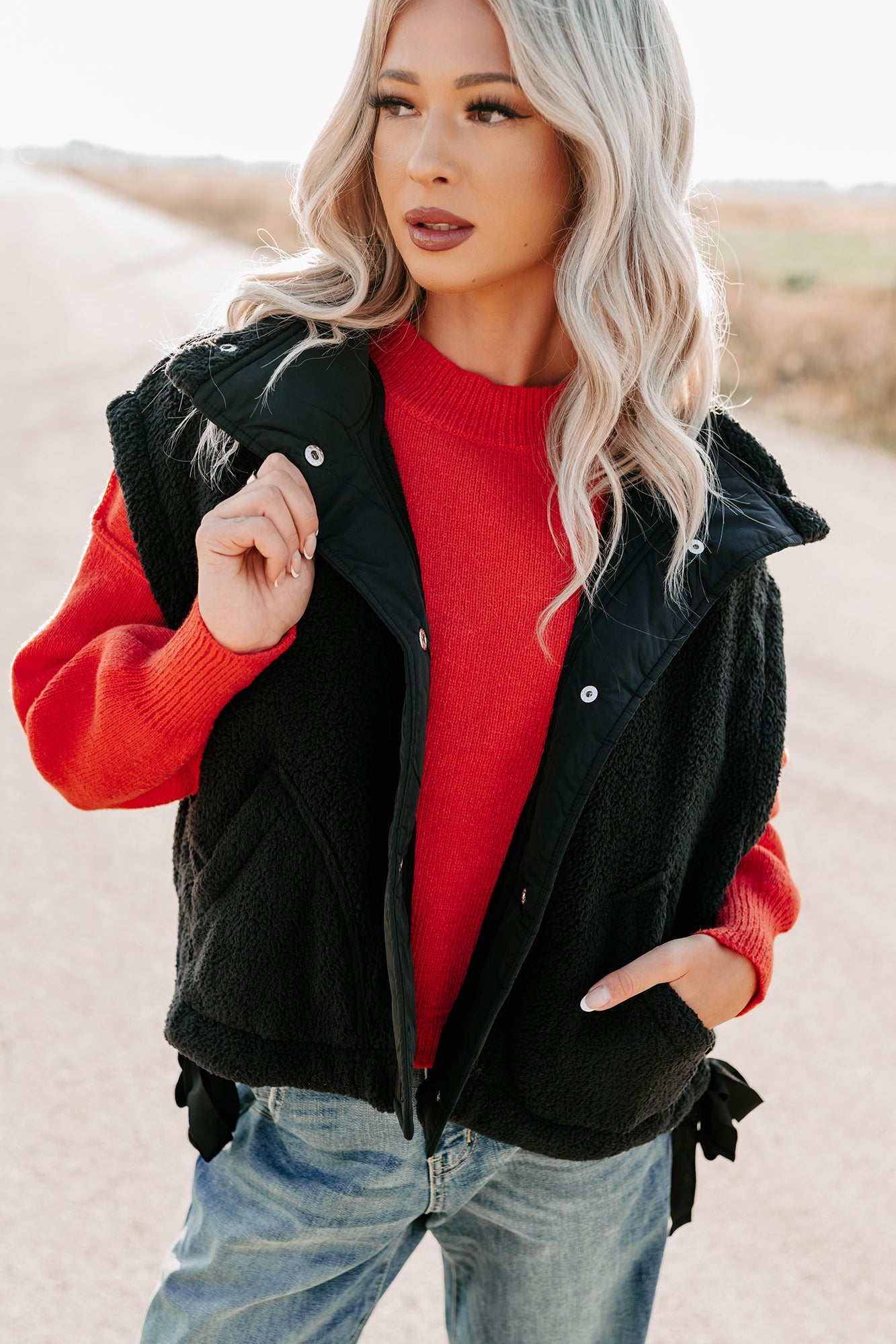 Dream Ahead Fleece Side Tie Vest (Black)-The Formal Wear