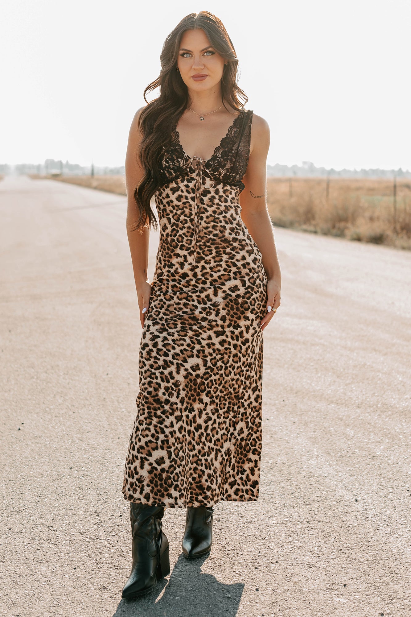 Bold Type Leopard & Lace Maxi Dress (Brown)-The Formal Wear