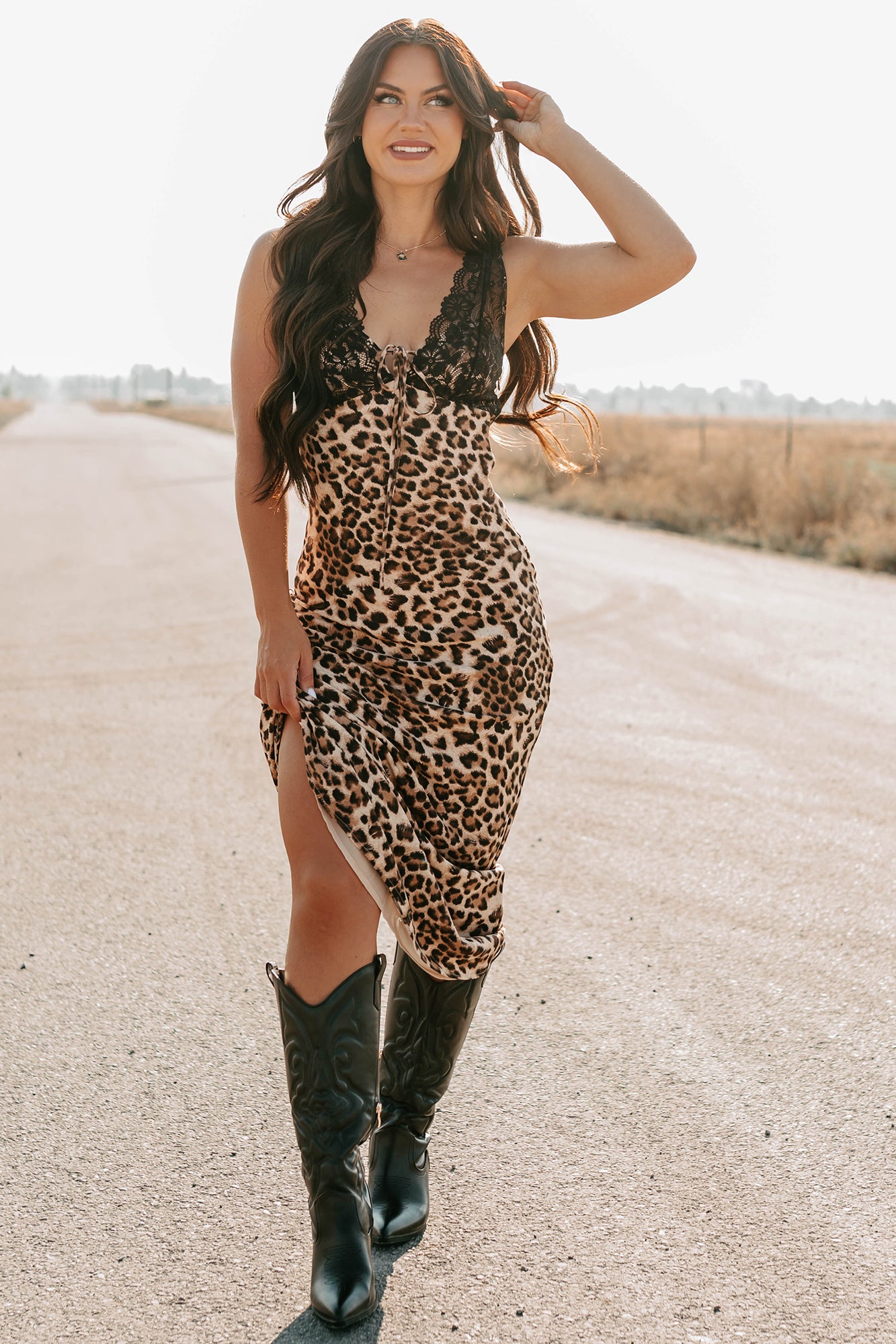 Bold Type Leopard & Lace Maxi Dress (Brown)-The Formal Wear