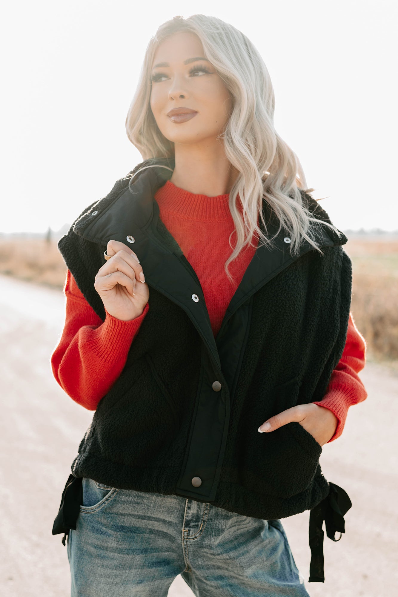 Dream Ahead Fleece Side Tie Vest (Black)-The Formal Wear