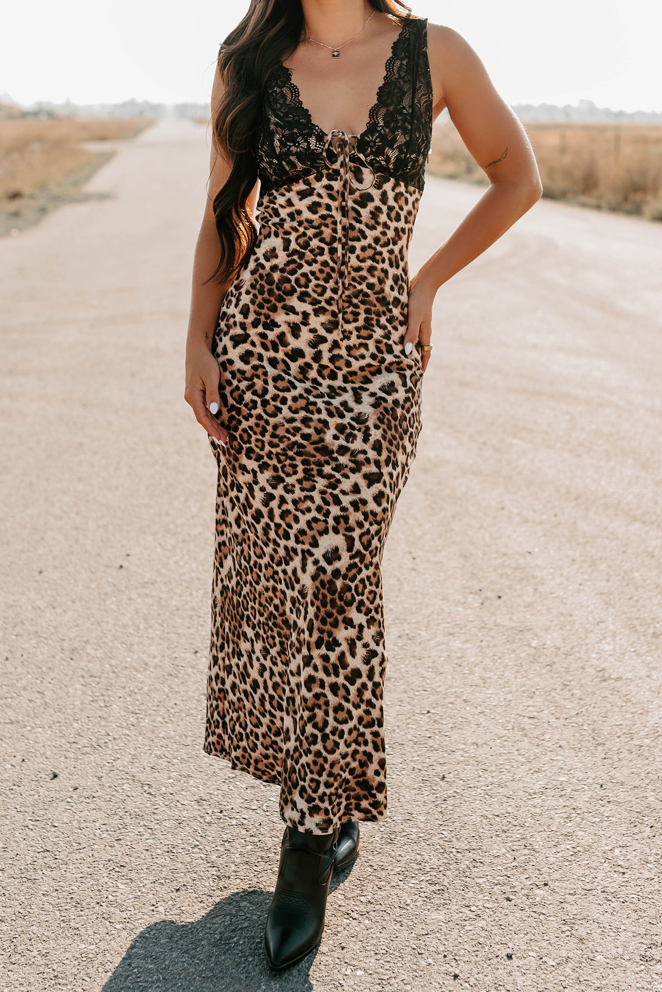 Bold Type Leopard & Lace Maxi Dress (Brown)-The Formal Wear
