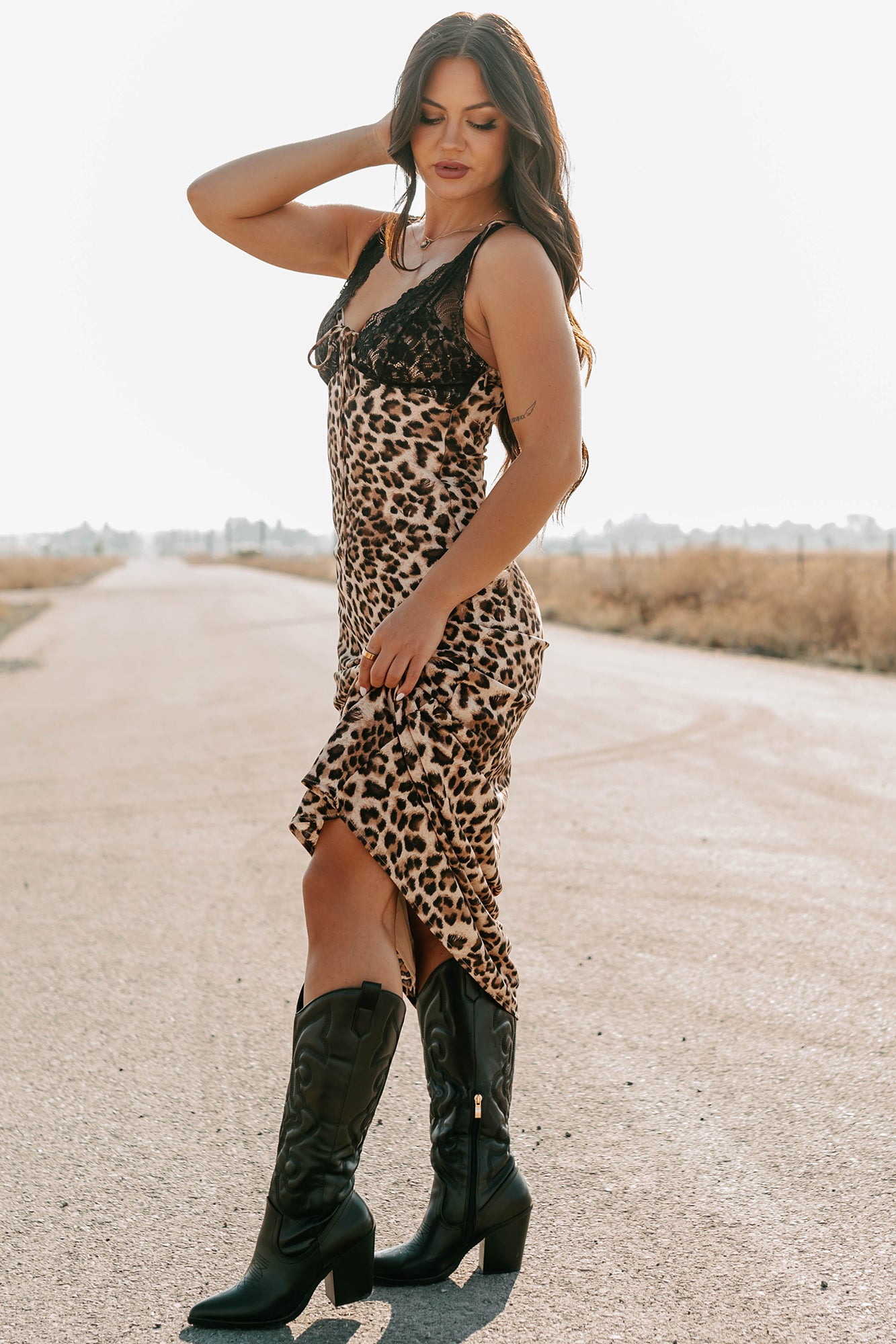 Bold Type Leopard & Lace Maxi Dress (Brown)-The Formal Wear