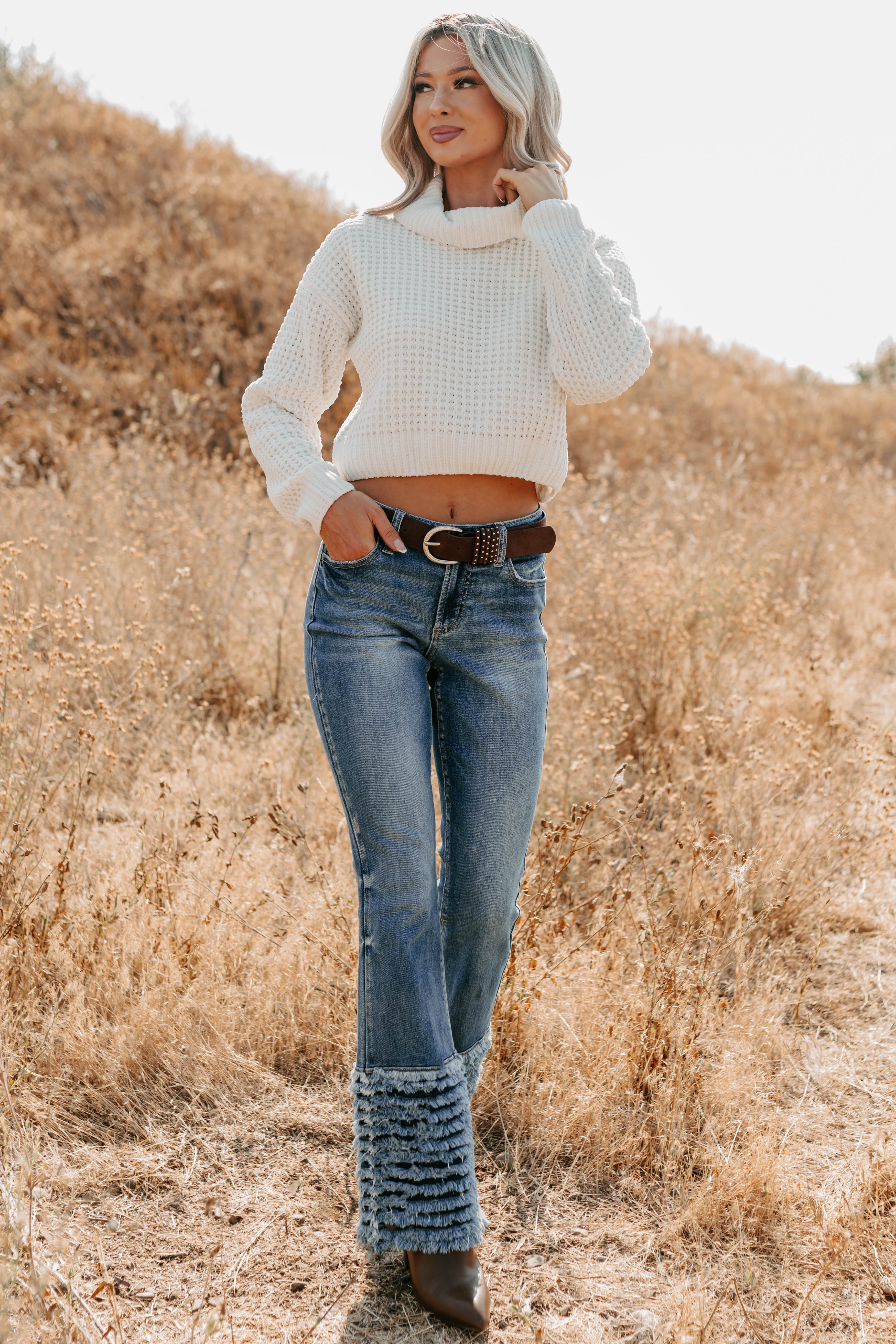 Vera Mid Rise Frayed Hem Cello Flare Jeans (Medium)-The Formal Wear