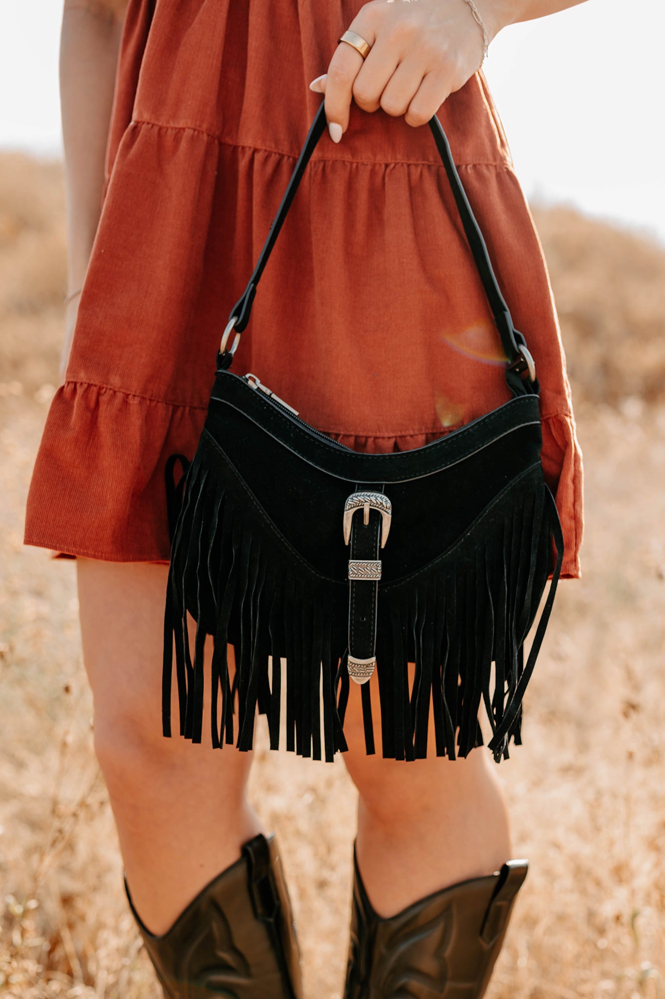 Wildflower Whiskey Faux Suede Fringe Bag (Black)-The Formal Wear