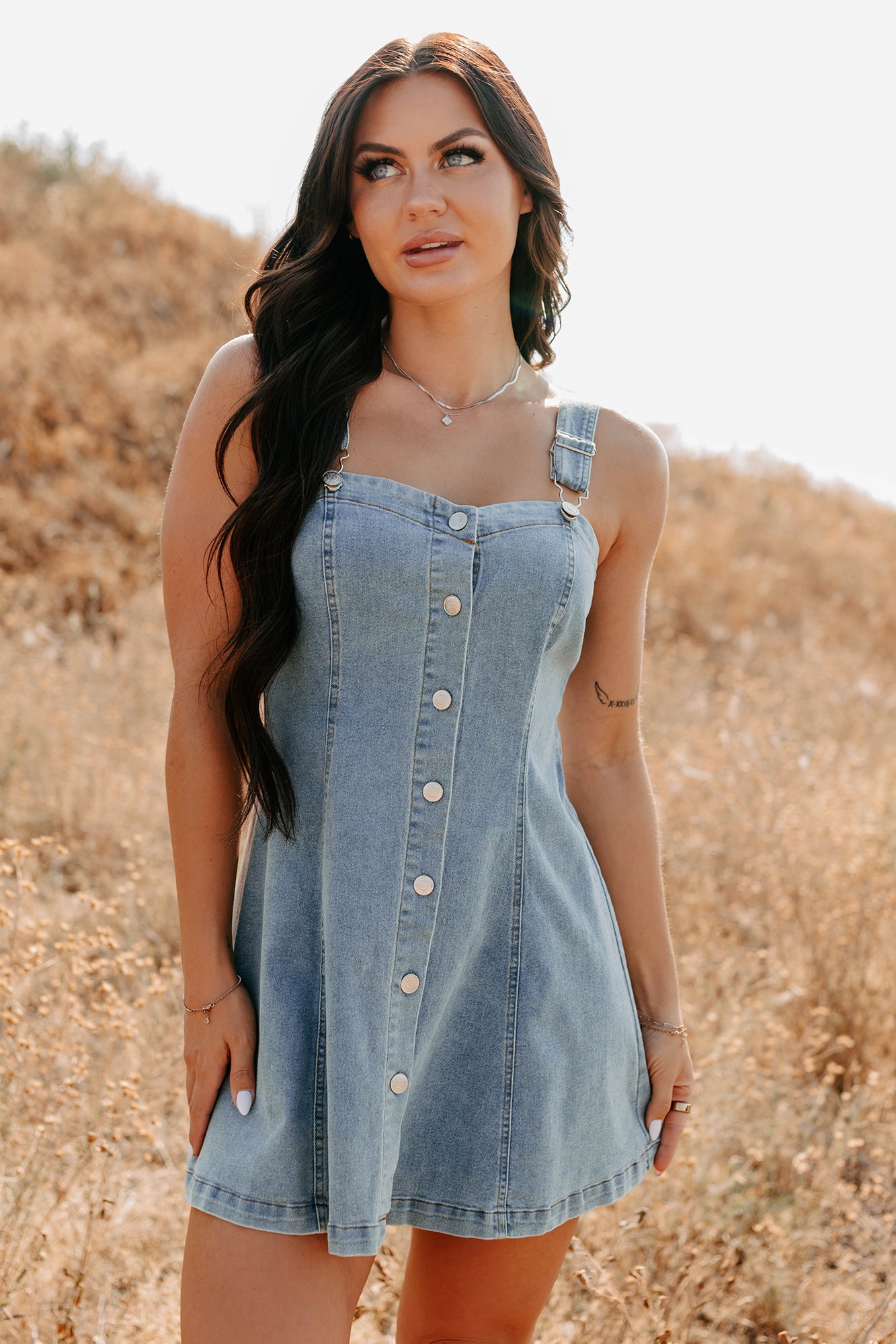 No Turning Back Denim Overalls Strap Mini Dress (Light Denim)-The Formal Wear