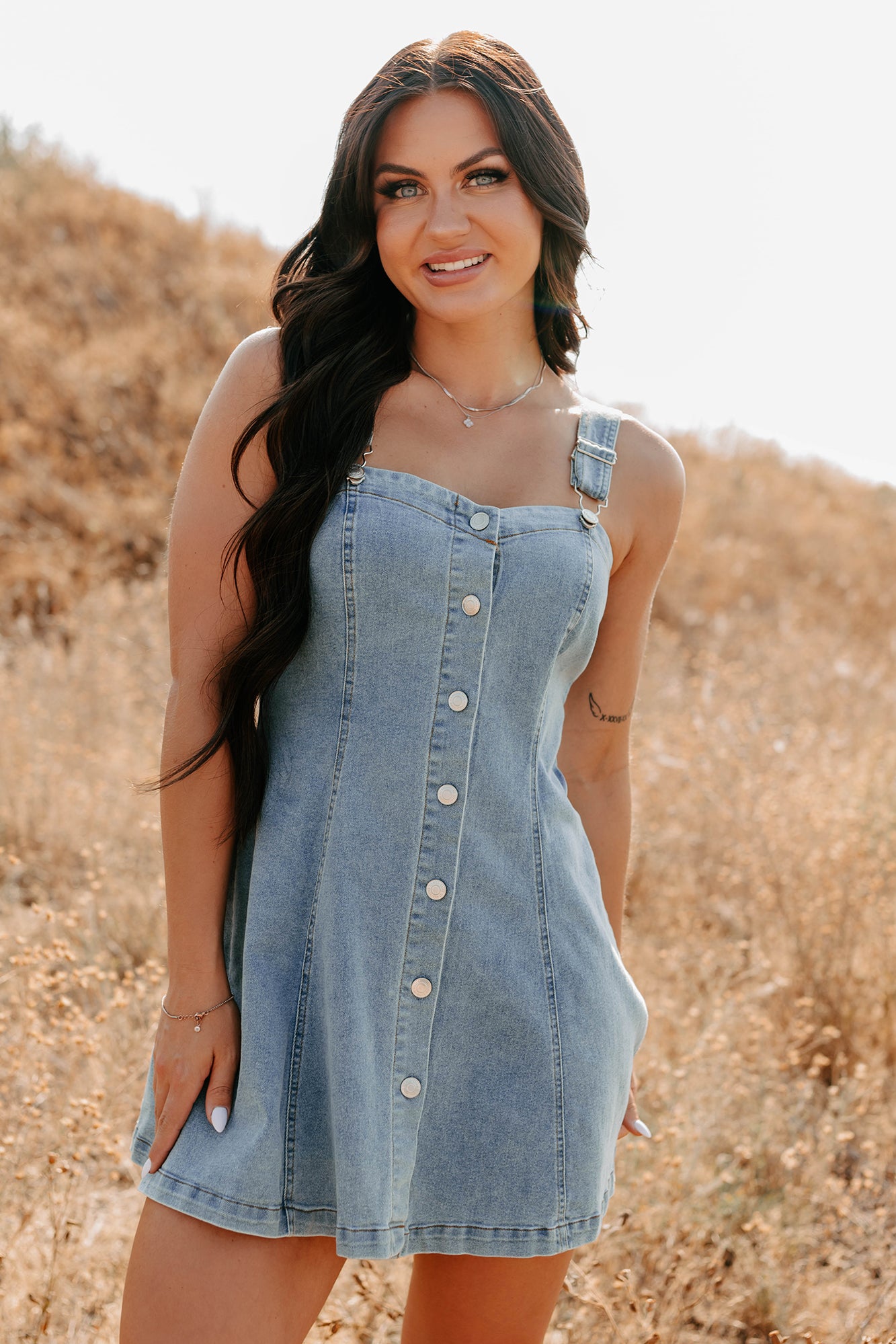 No Turning Back Denim Overalls Strap Mini Dress (Light Denim)-The Formal Wear