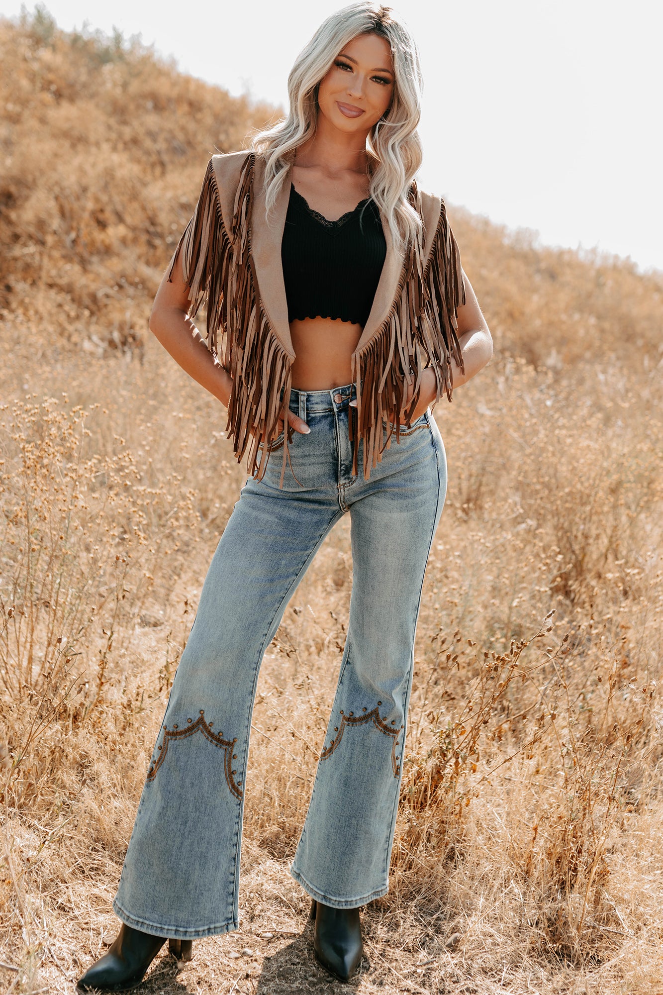 Midnight Range Faux Suede Collared Fringe Shawl (Tan)-The Formal Wear