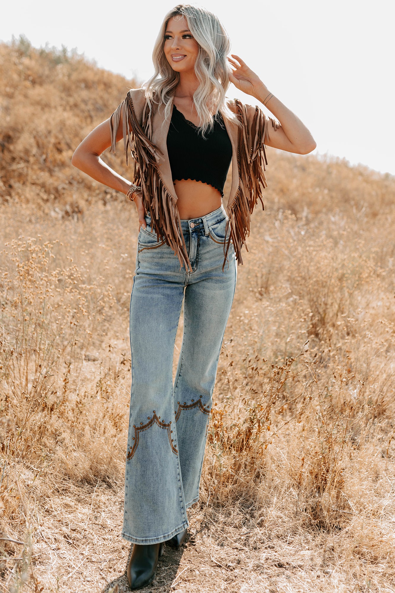 Midnight Range Faux Suede Collared Fringe Shawl (Tan)-The Formal Wear