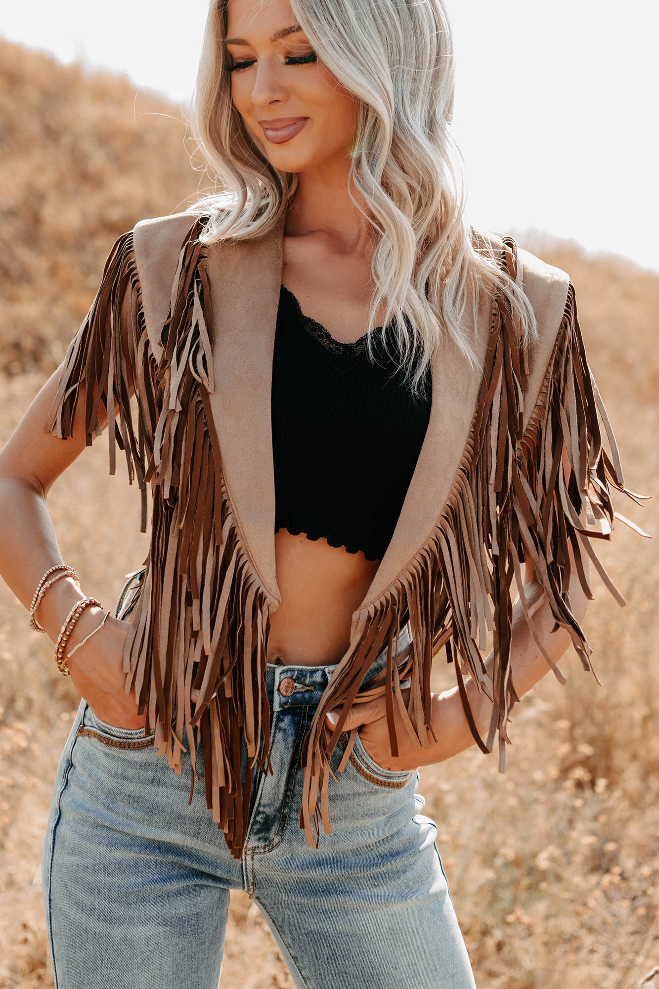Midnight Range Faux Suede Collared Fringe Shawl (Tan)-The Formal Wear