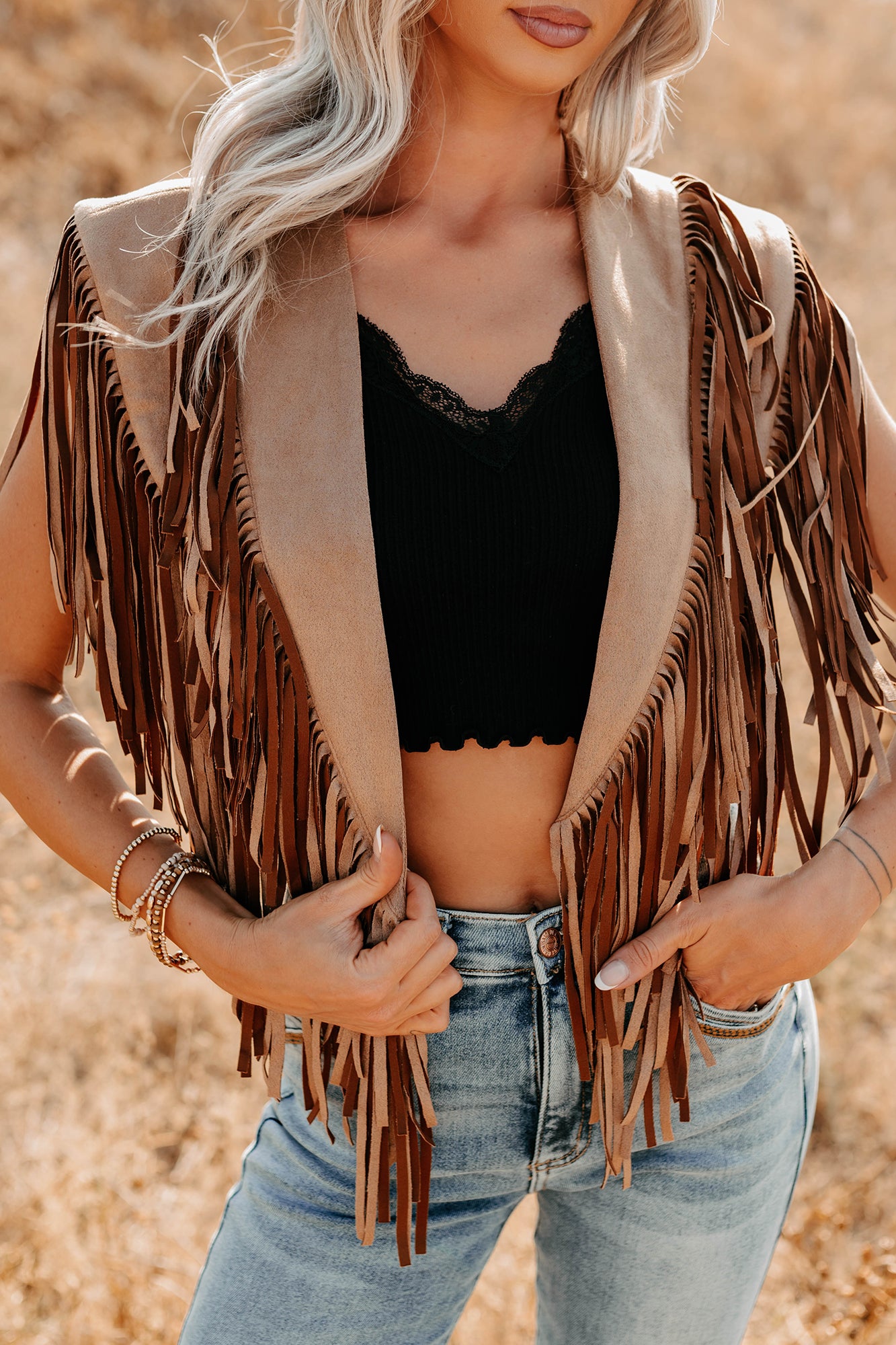 Midnight Range Faux Suede Collared Fringe Shawl (Tan)-The Formal Wear