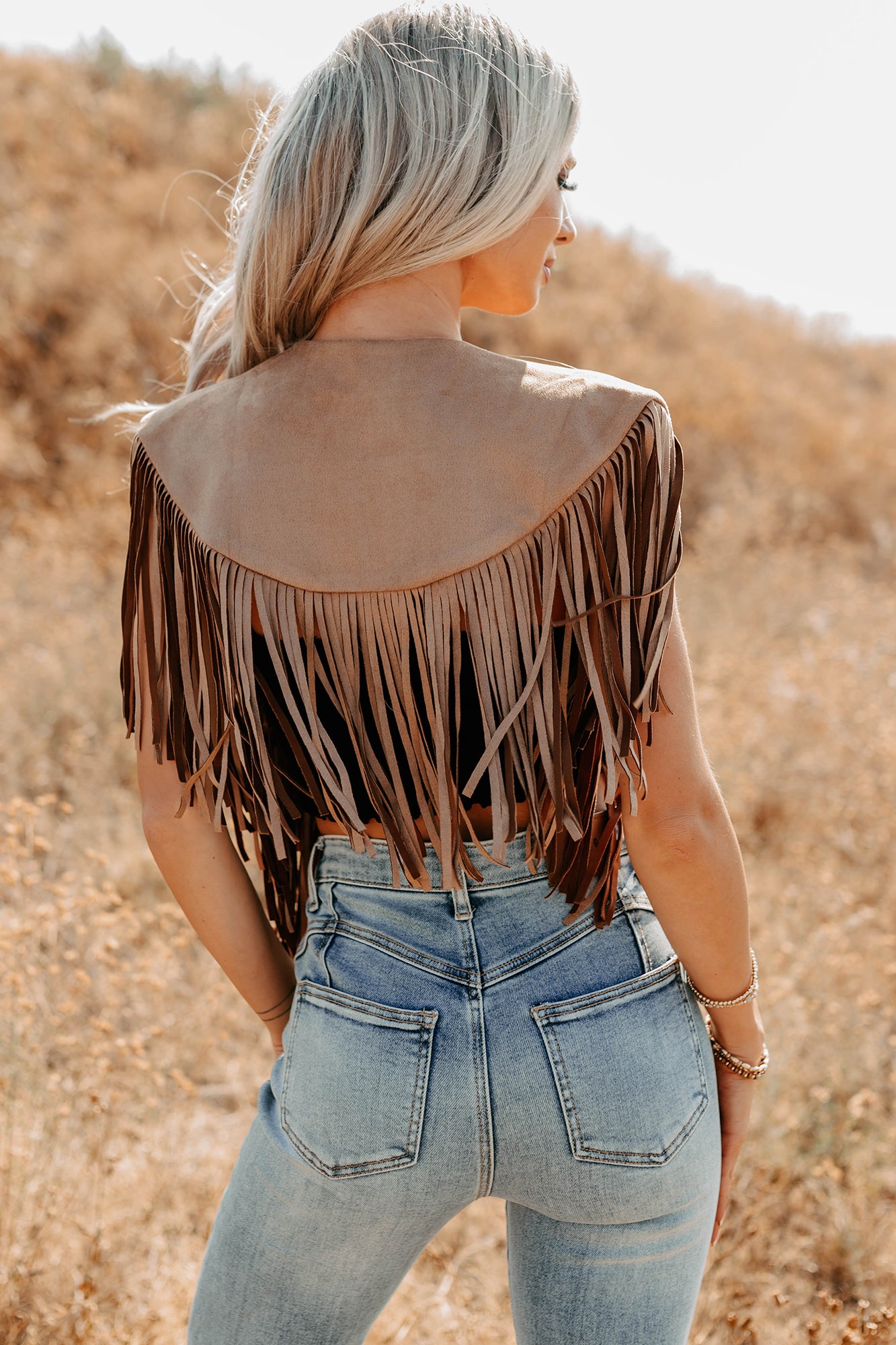 Midnight Range Faux Suede Collared Fringe Shawl (Tan)-The Formal Wear