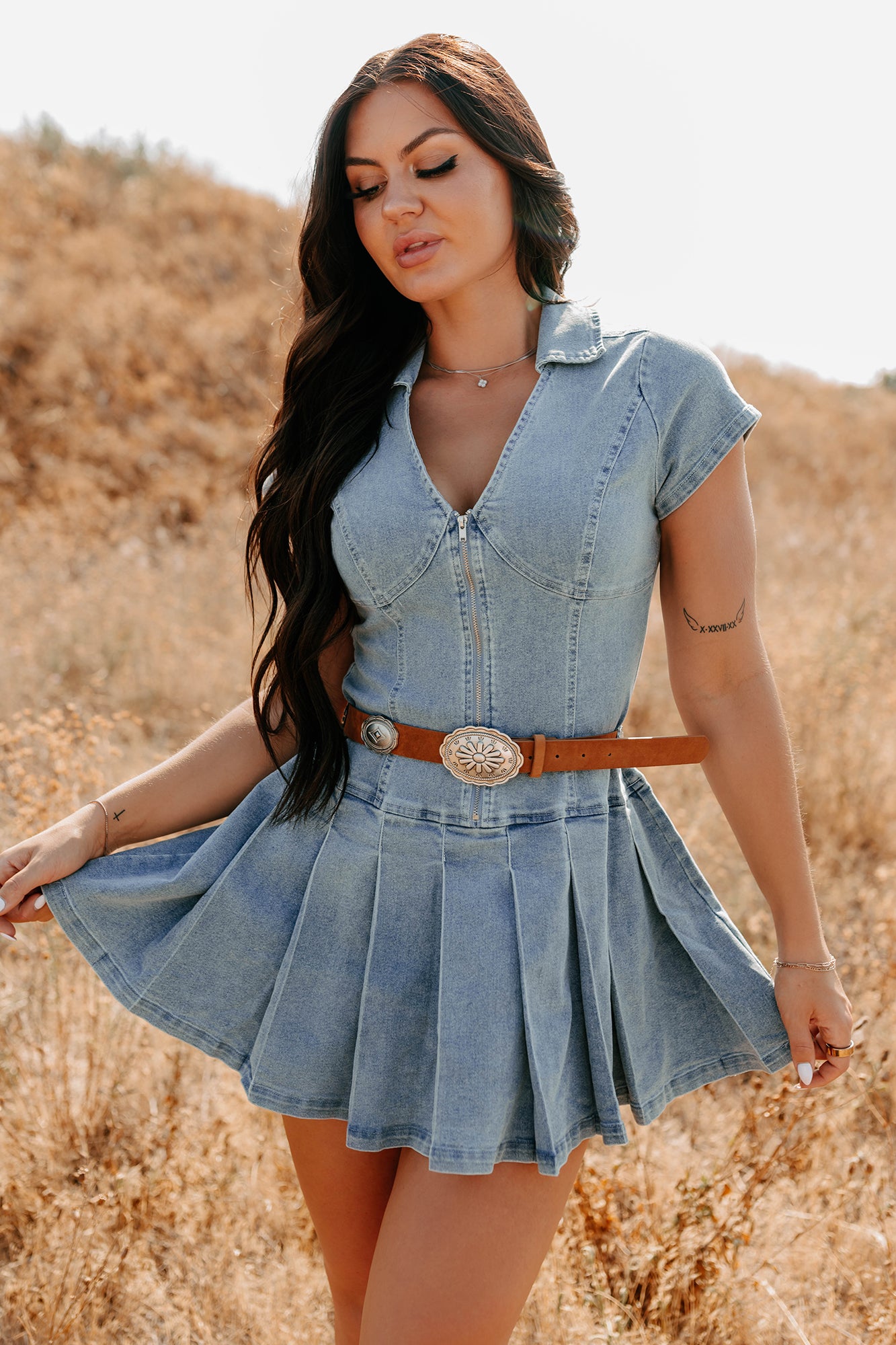 Play It Cool Denim Zip Up Pleated Mini Dress (Denim)-The Formal Wear