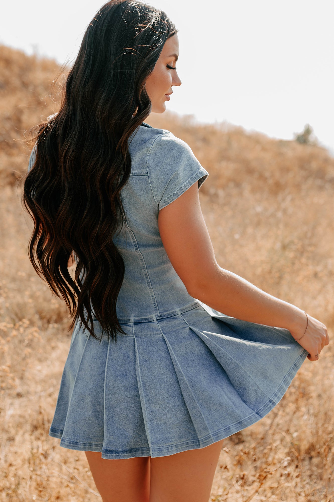 Play It Cool Denim Zip Up Pleated Mini Dress (Denim)-The Formal Wear