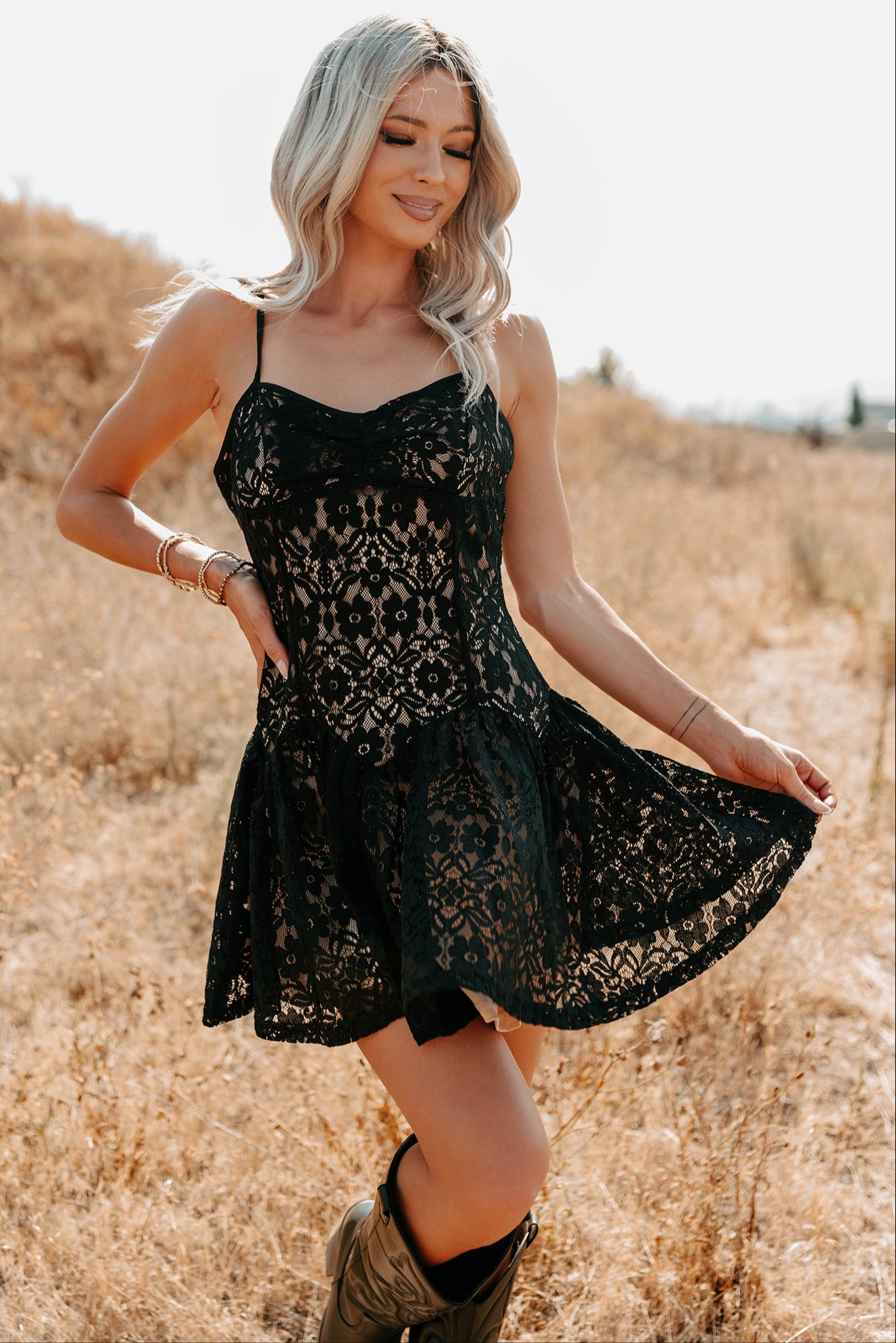 Velvet Dawn Floral Lace Mini Dress (Black)-The Formal Wear