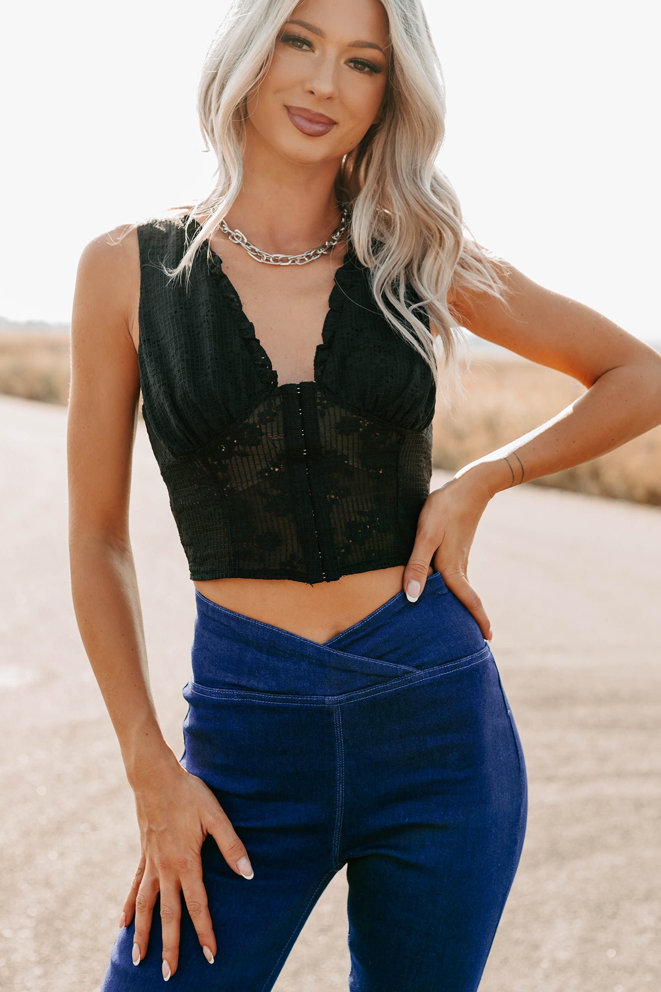 Dream In Gold Sleeveless Floral Lace Top (Black)-The Formal Wear