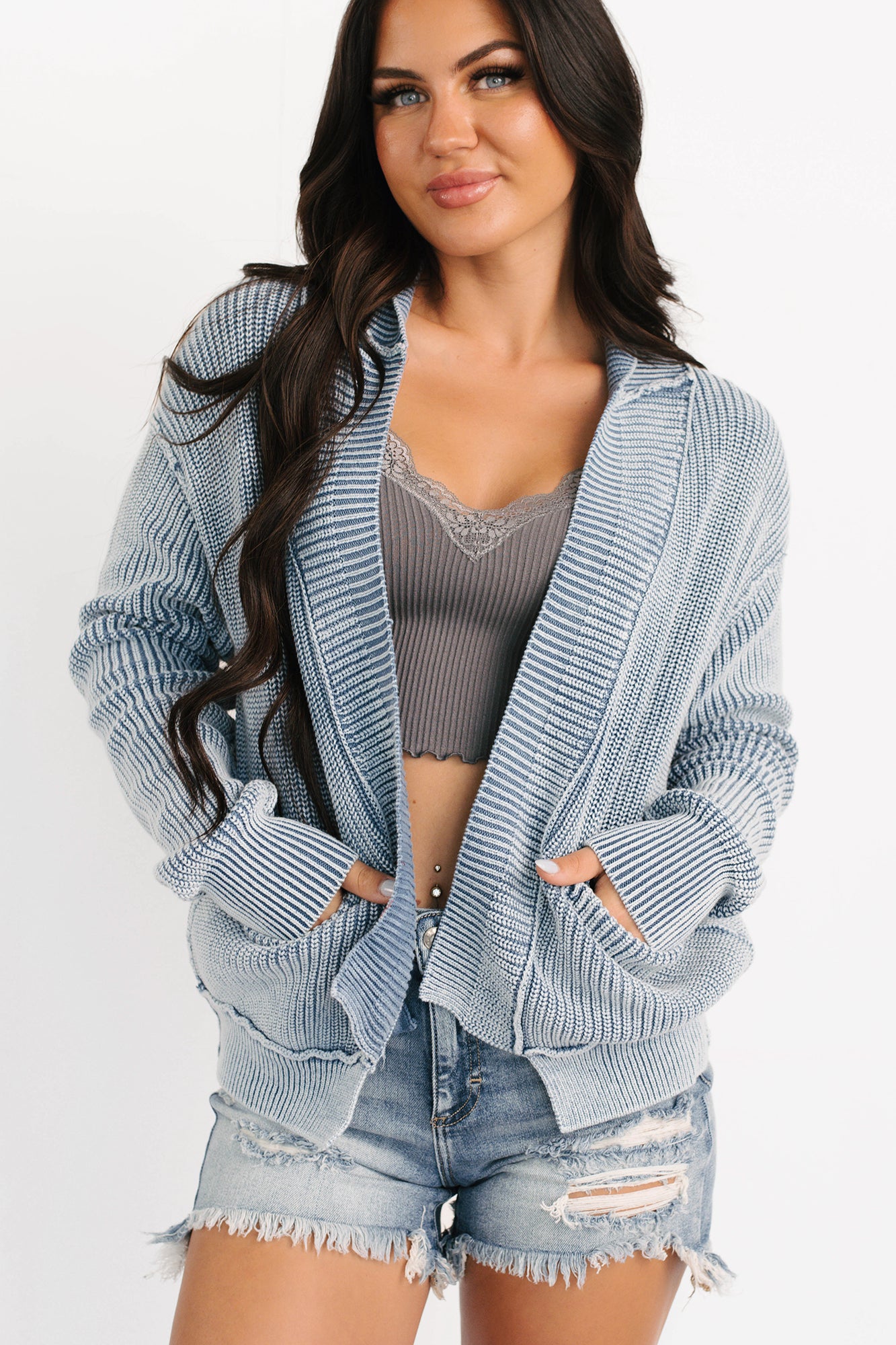 Dream Wear Zenana Washed Knit Cardigan (Dusty Blue)-The Formal Wear