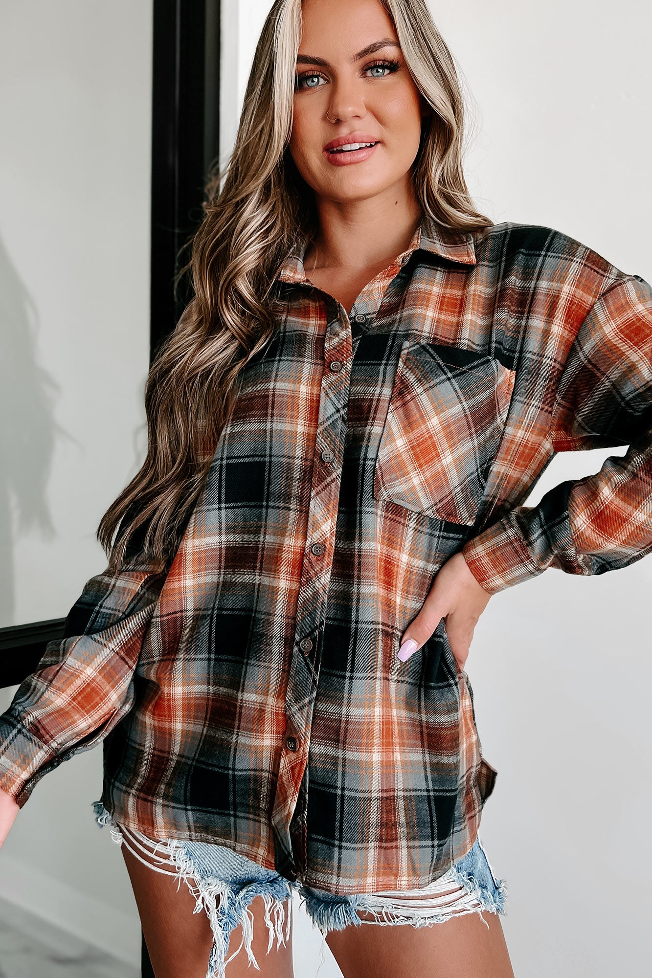 Chats By The Fire Oversized Plaid Shirt (Amber/Black)-The Formal Wear