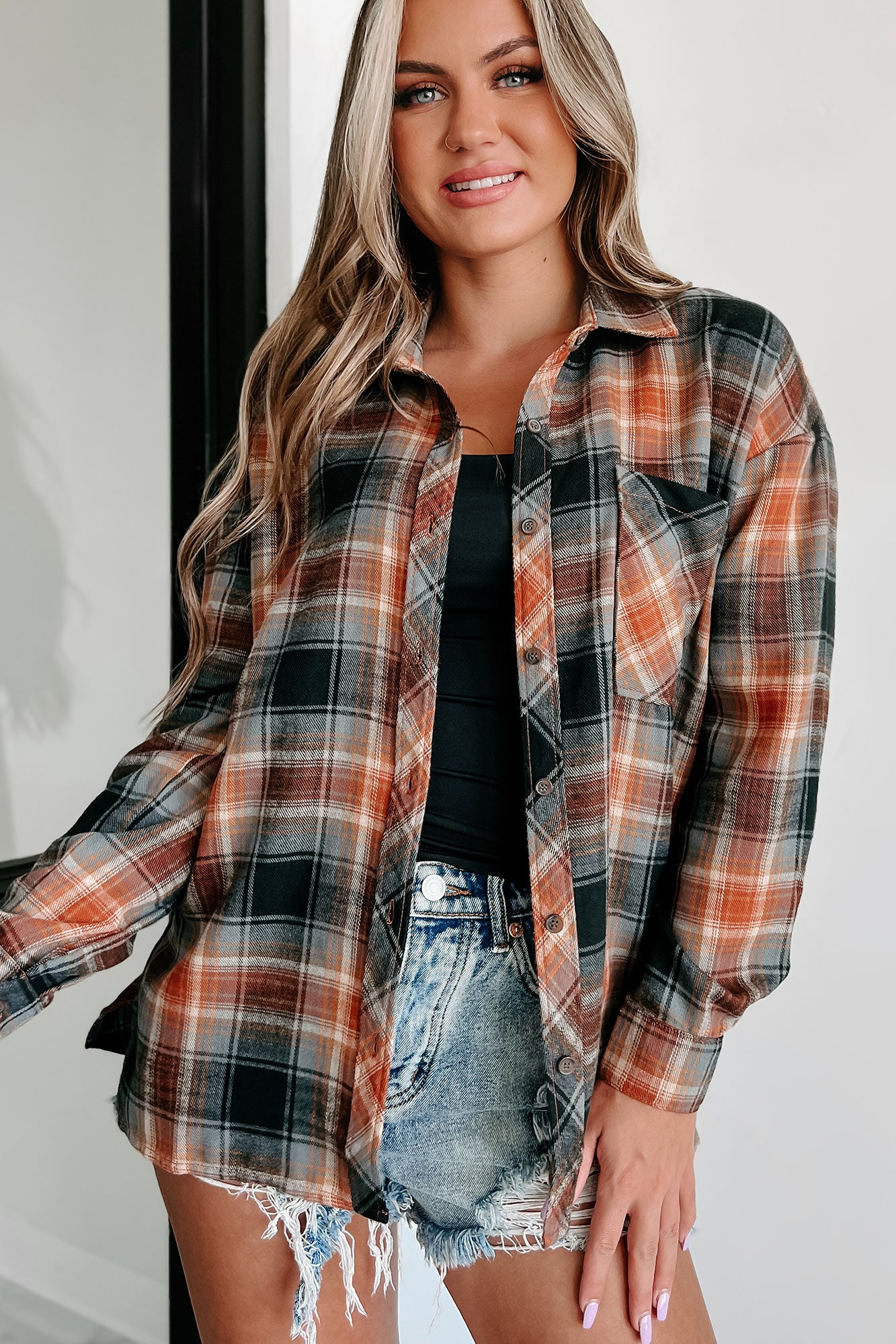 Chats By The Fire Oversized Plaid Shirt (Amber/Black)-The Formal Wear
