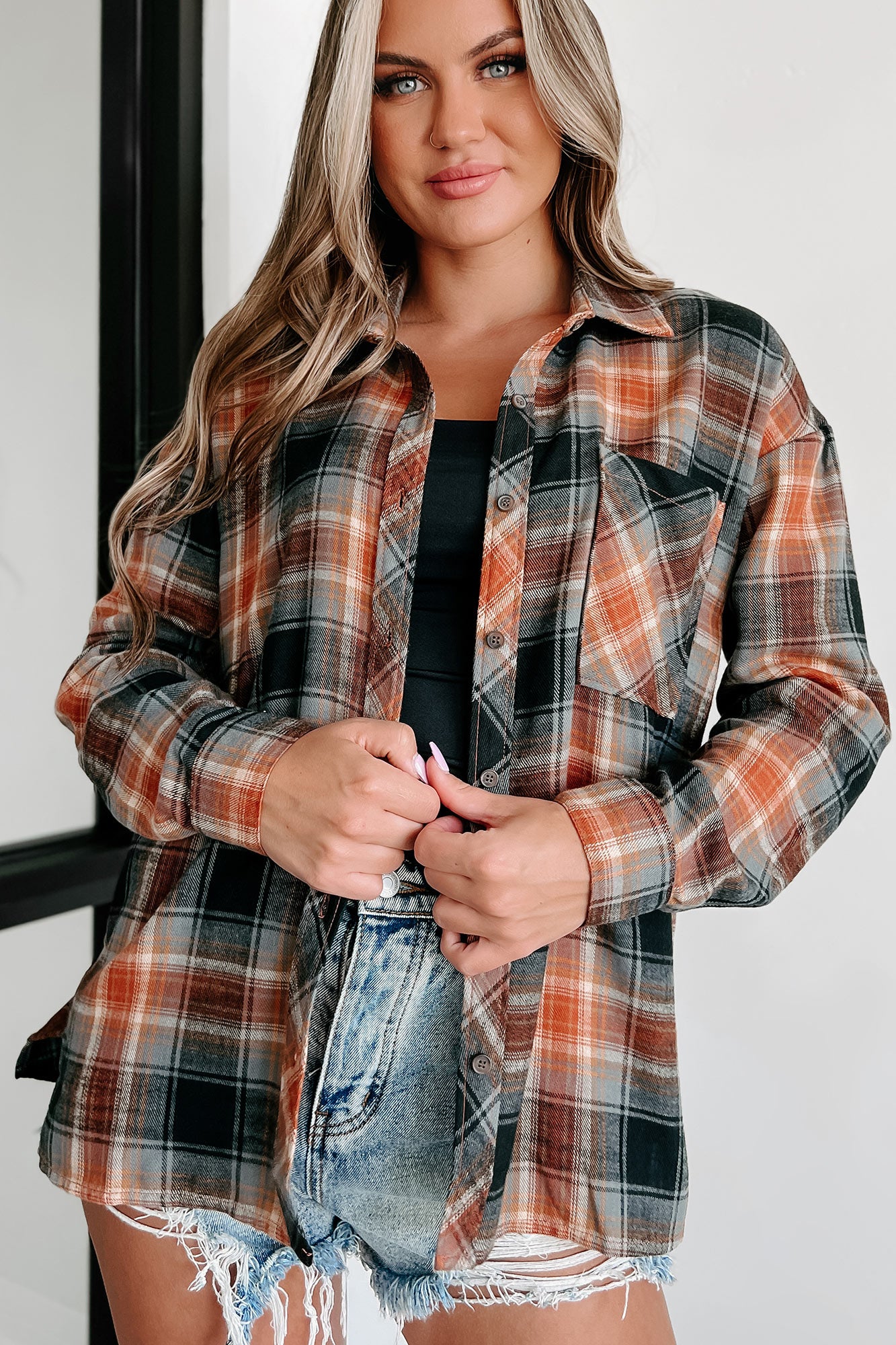 Chats By The Fire Oversized Plaid Shirt (Amber/Black)-The Formal Wear