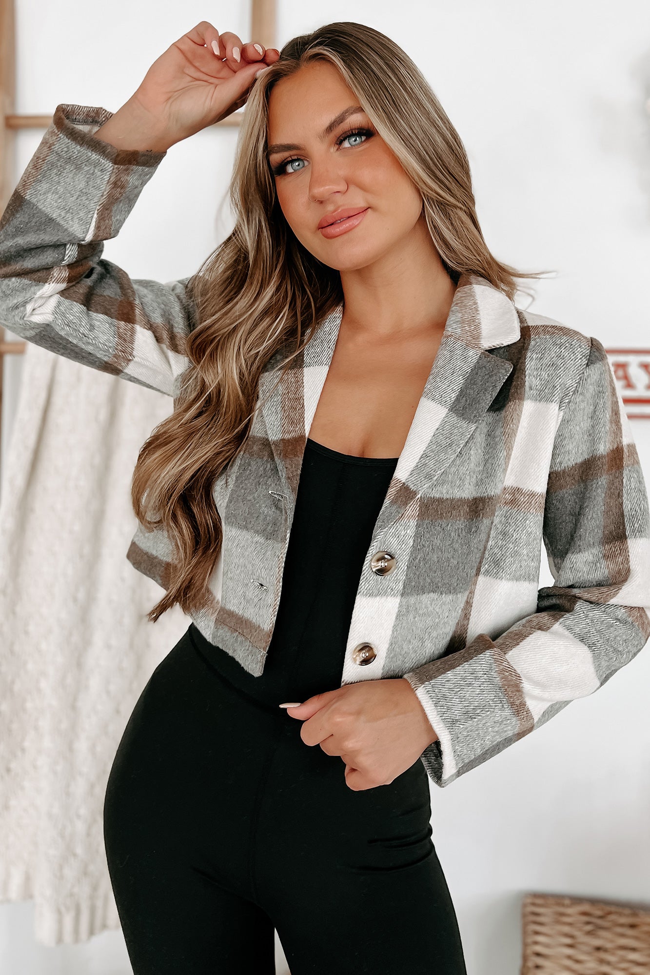 Casually Stylish Plaid Crop Jacket (Grey)-The Formal Wear