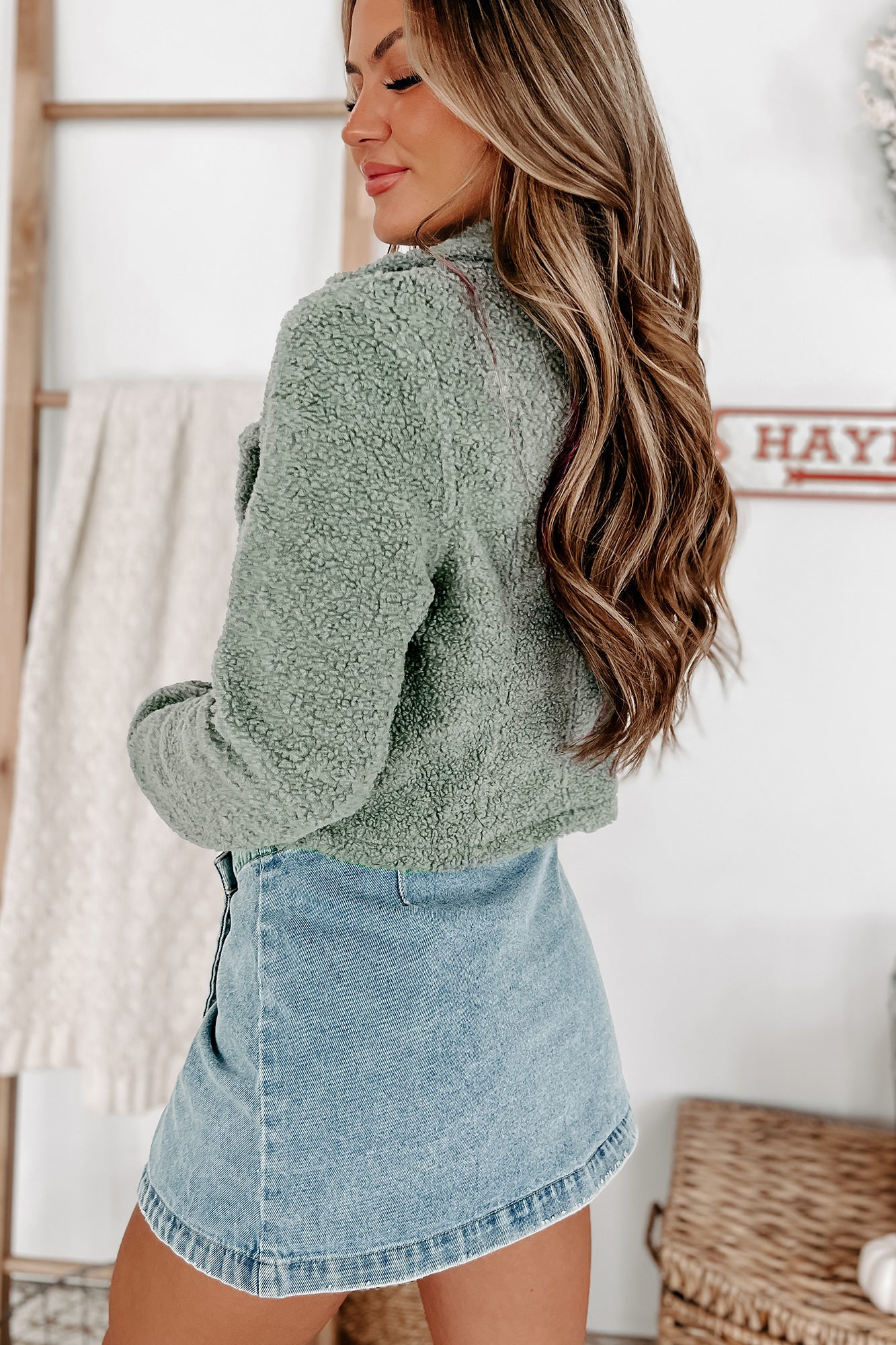 Autumn Air Cropped Sherpa Moto Jacket (Sage Green)-The Formal Wear