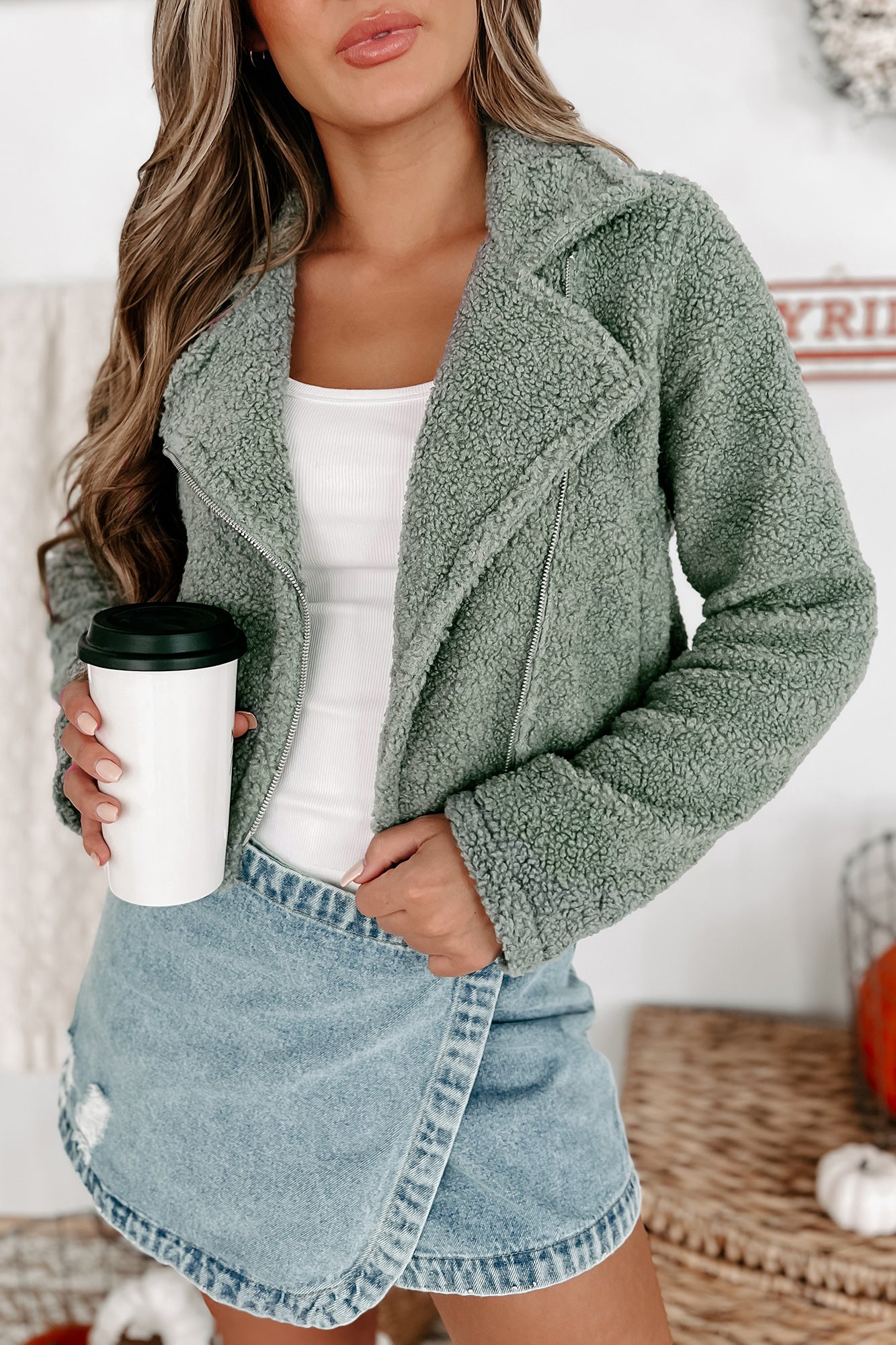 Autumn Air Cropped Sherpa Moto Jacket (Sage Green)-The Formal Wear