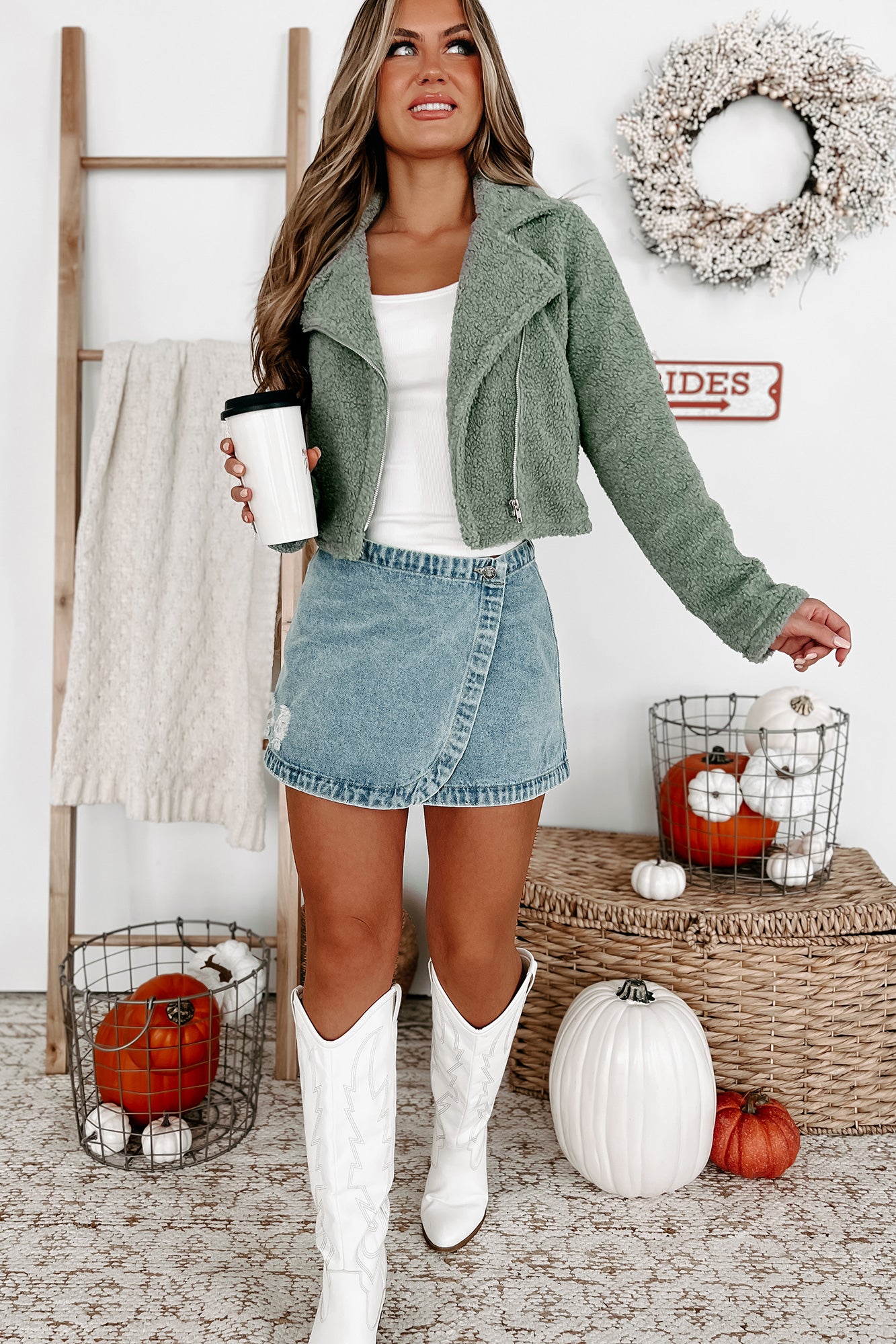 Autumn Air Cropped Sherpa Moto Jacket (Sage Green)-The Formal Wear