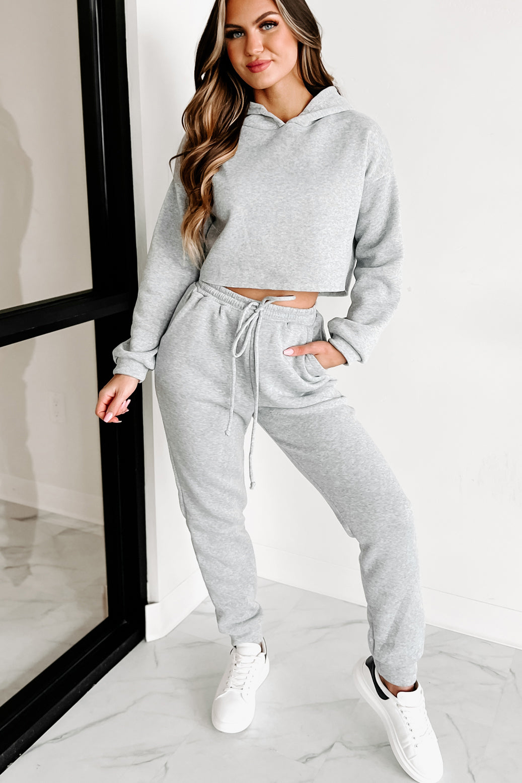 Living Comfortably Crop Hoodie & Joggers Set (Heather Grey)-The Formal Wear