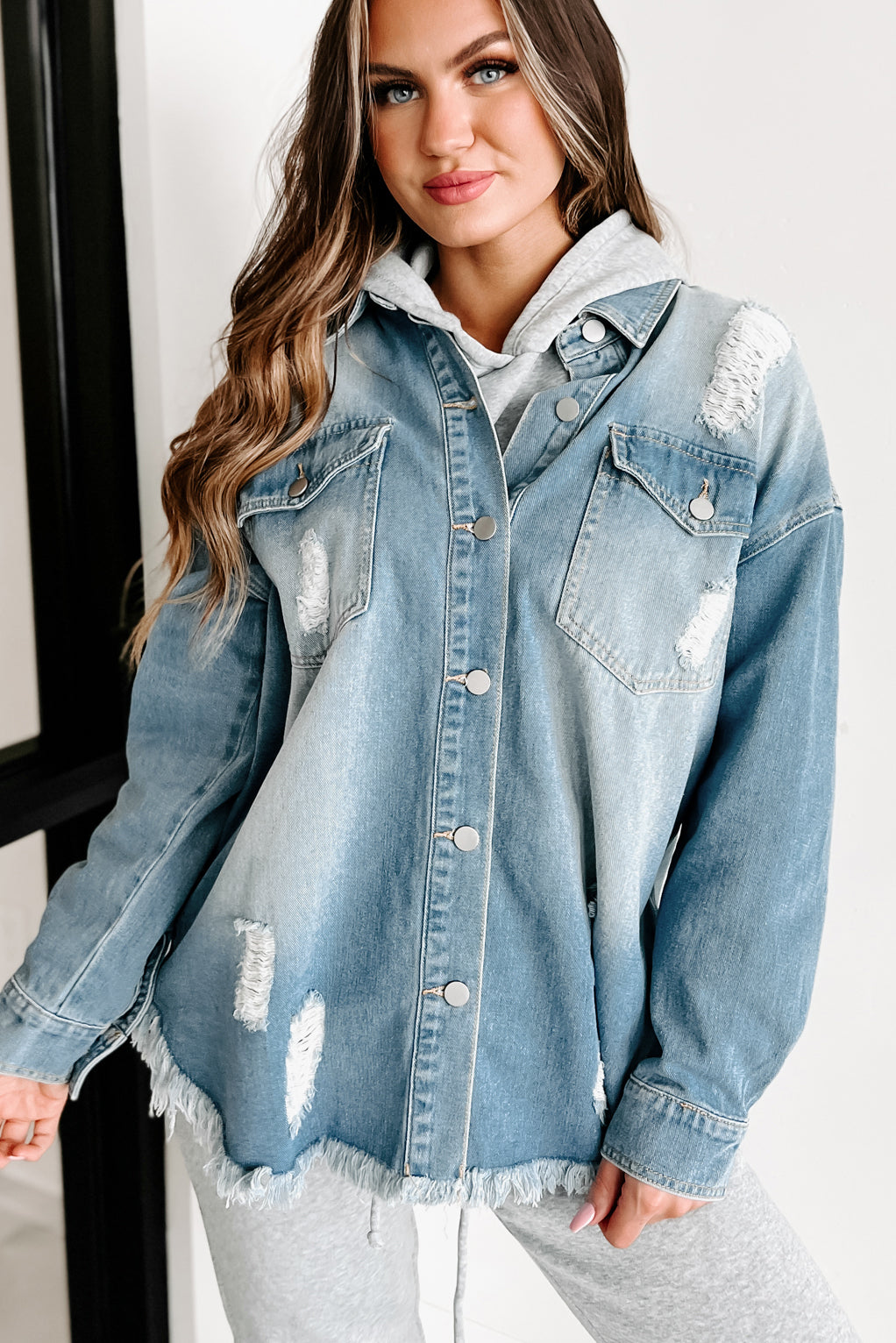 Anything For You Distressed Denim Shacket (Blue)-The Formal Wear