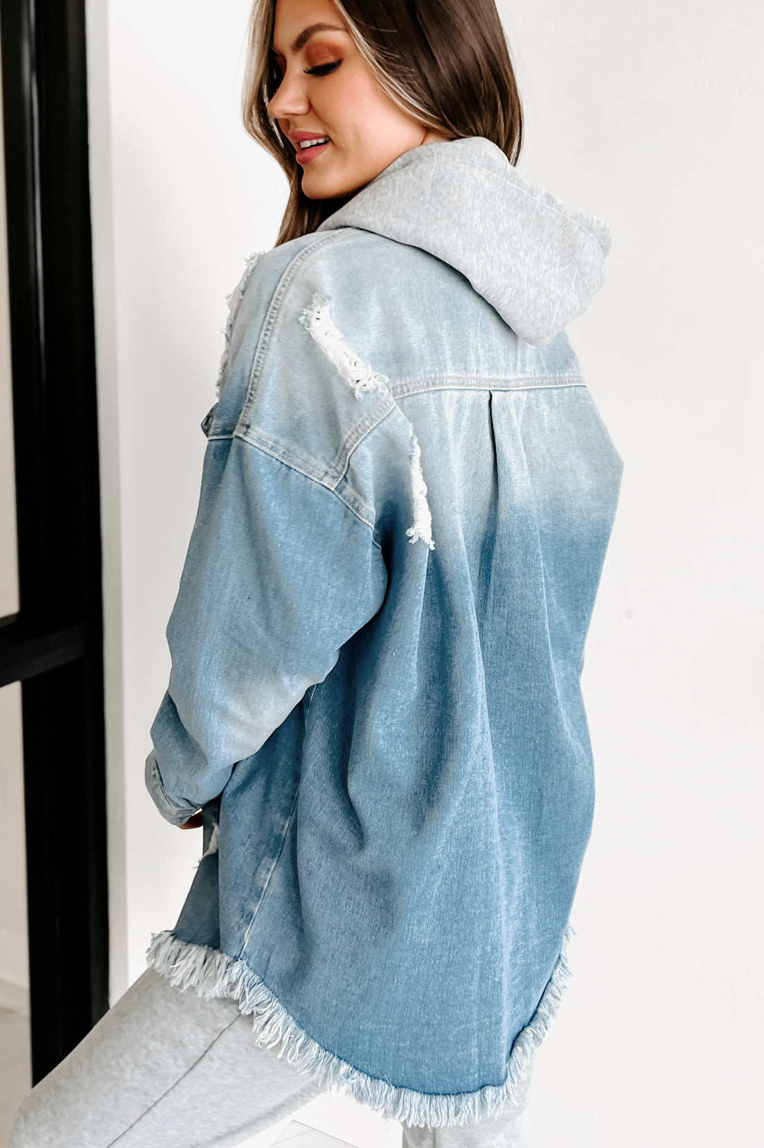 Anything For You Distressed Denim Shacket (Blue)-The Formal Wear