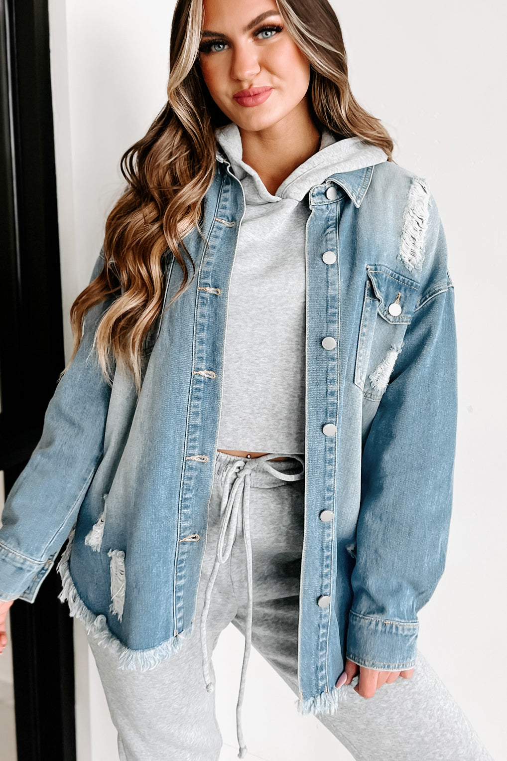 Anything For You Distressed Denim Shacket (Blue)-The Formal Wear