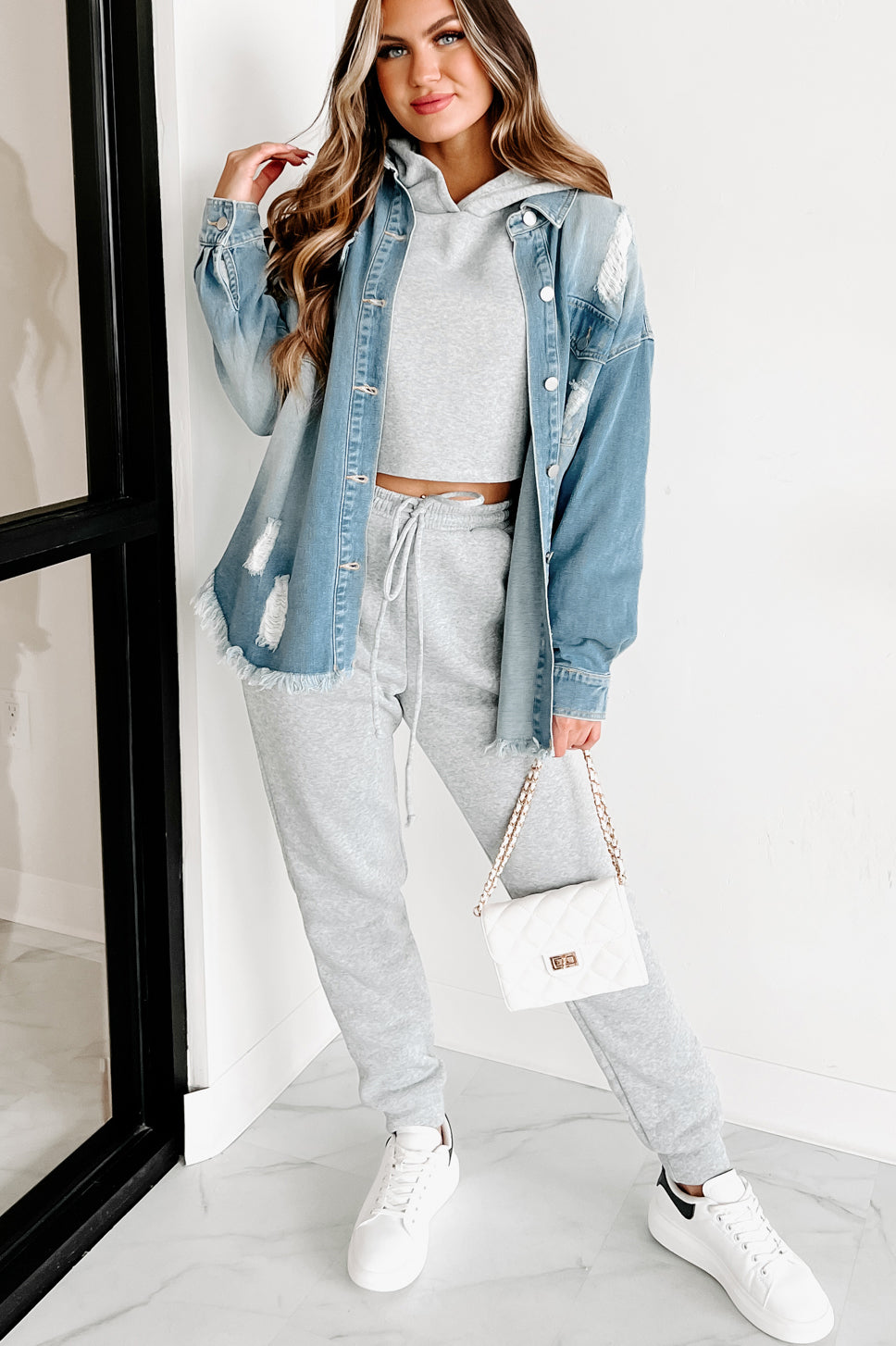 Anything For You Distressed Denim Shacket (Blue)-The Formal Wear