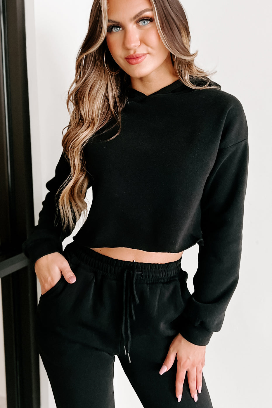 Living Comfortably Crop Hoodie & Joggers Set (Black)-The Formal Wear
