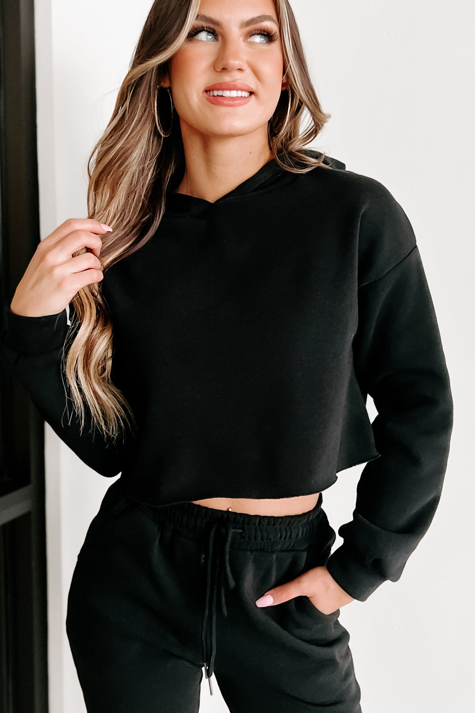 Living Comfortably Crop Hoodie & Joggers Set (Black)-The Formal Wear