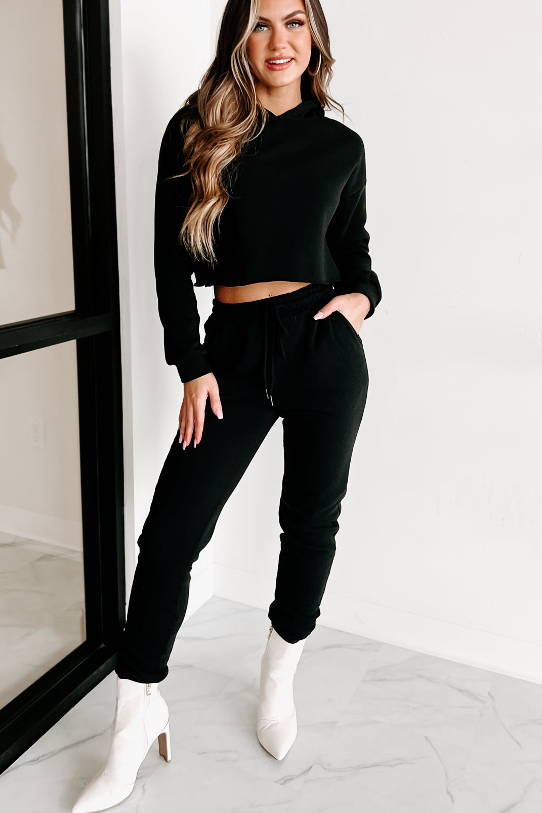 Living Comfortably Crop Hoodie & Joggers Set (Black)-The Formal Wear