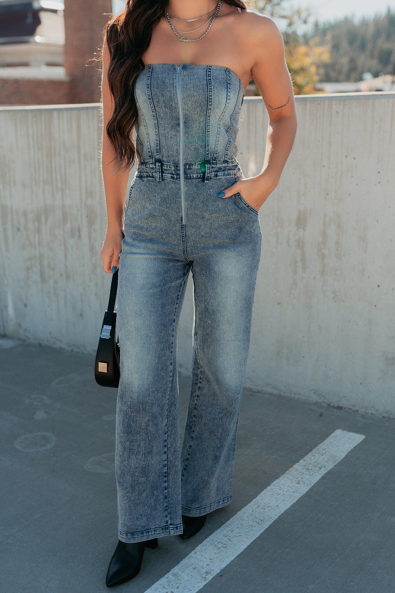 Your Idol Denim Strapless Wide Leg Jumpsuit (Medium Wash)-The Formal Wear