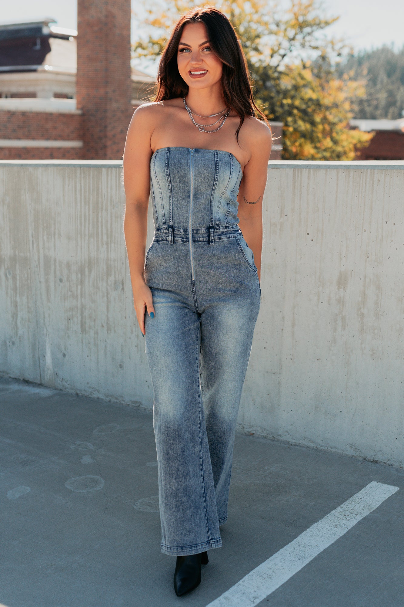 Your Idol Denim Strapless Wide Leg Jumpsuit (Medium Wash)-The Formal Wear