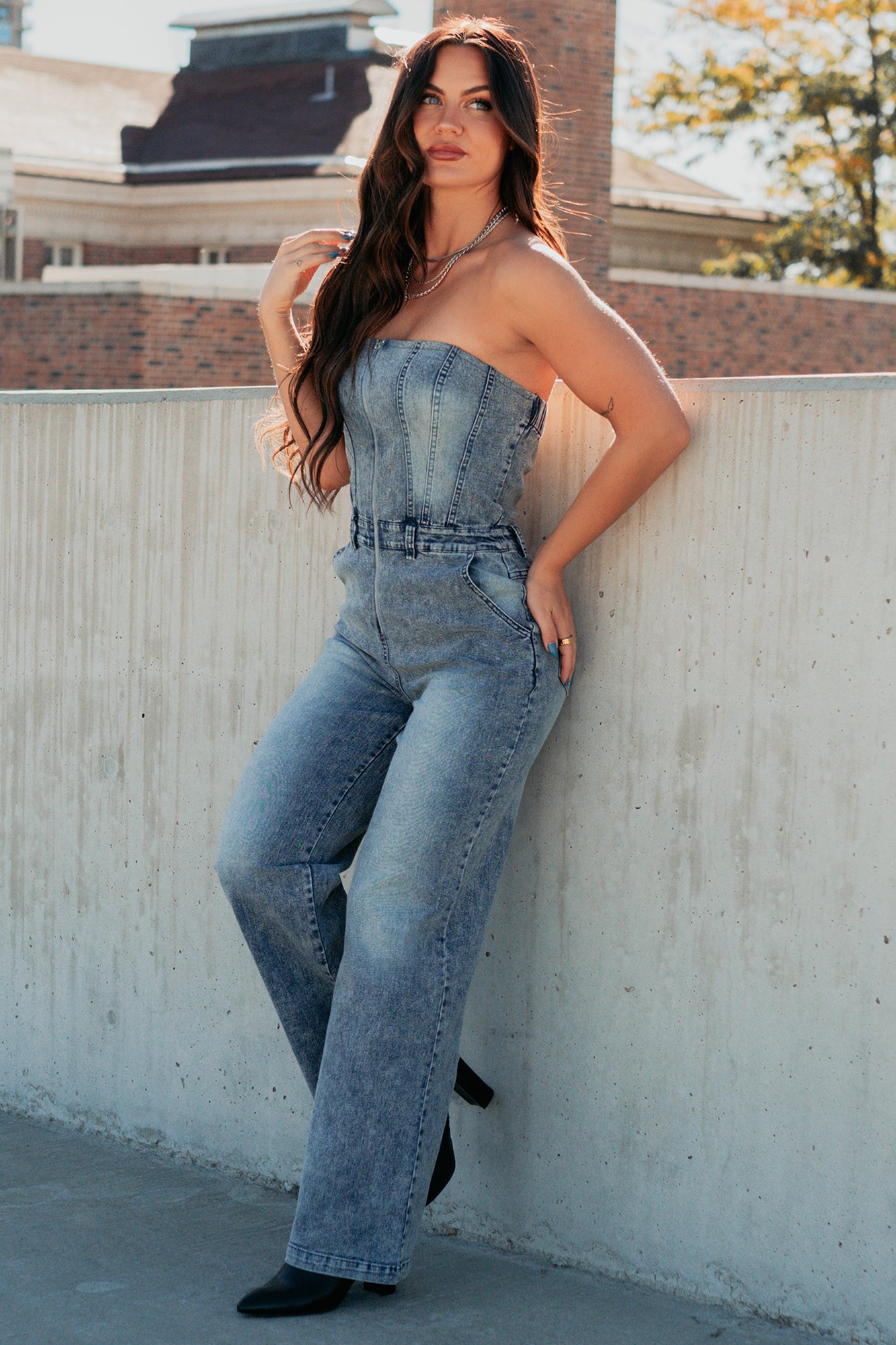 Your Idol Denim Strapless Wide Leg Jumpsuit (Medium Wash)-The Formal Wear