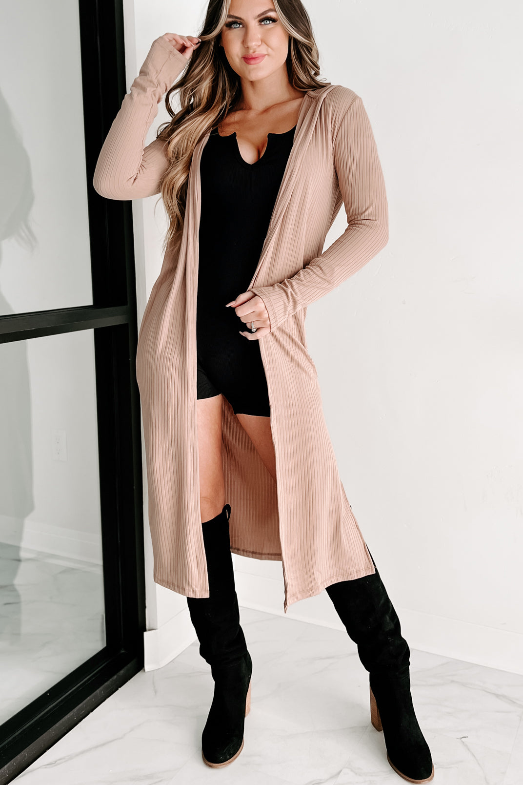 Holiday Steal- Tori Ribbed Hooded Cardigan (French Taupe)-The Formal Wear