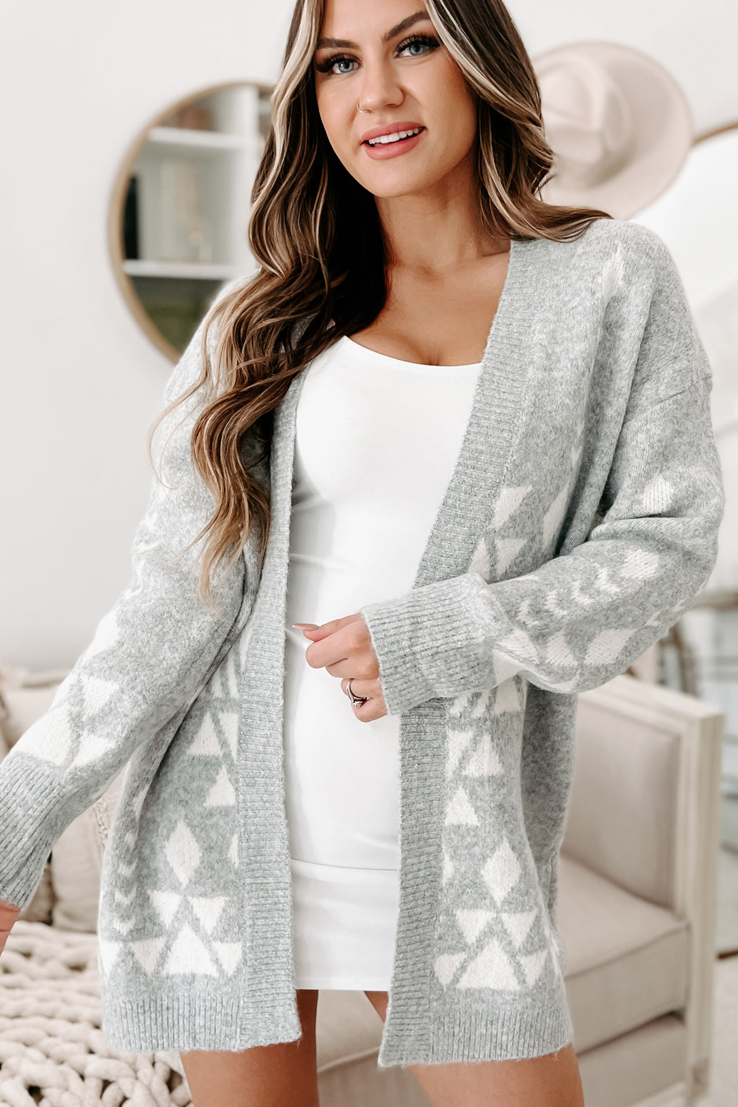 Holiday Steal- Keeping Us Together Printed Open Front Cardigan (Heather Grey)-The Formal Wear