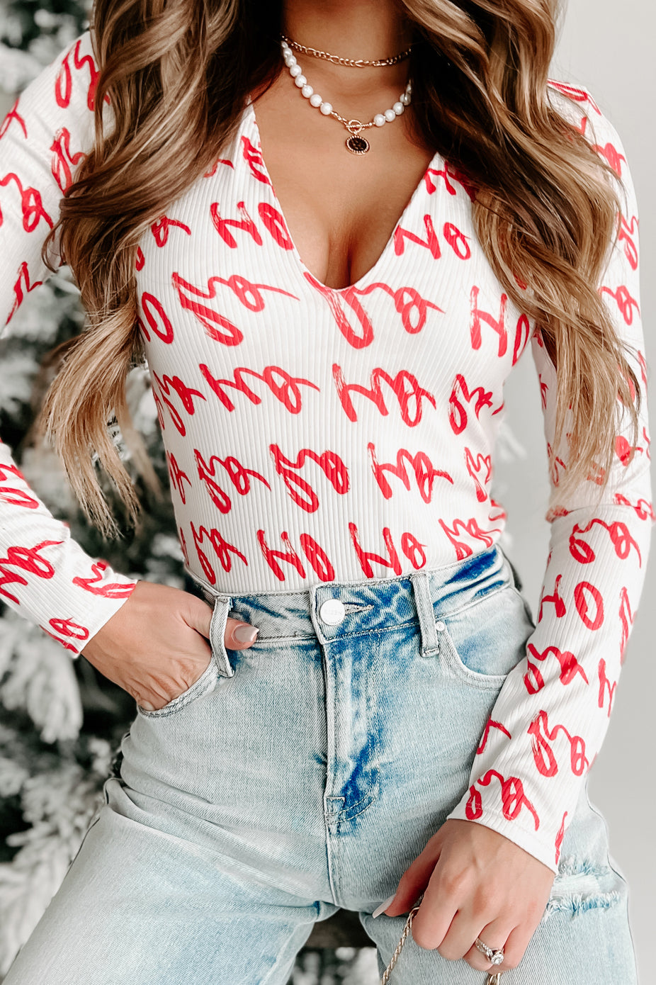 PREORDER Dear Santa TheFormalWear Original Printed V-Neck Bodysuit (White/Red) - Ships by 12/2-The Formal Wear