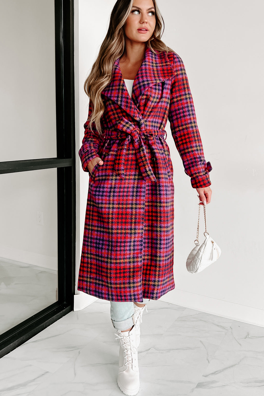 Staying Stylish Houndstooth Coat (Red/Purple)-The Formal Wear