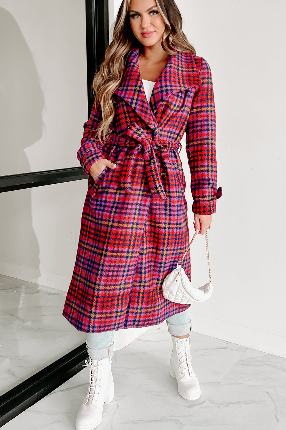 Staying Stylish Houndstooth Coat (Red/Purple)-The Formal Wear