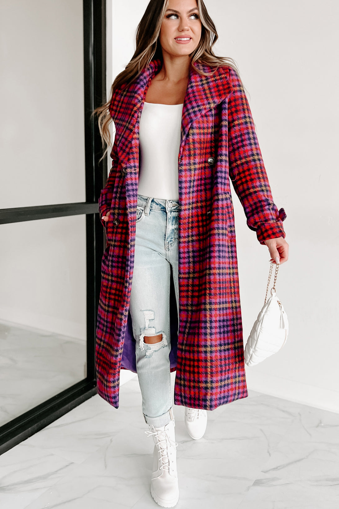 Staying Stylish Houndstooth Coat (Red/Purple)-The Formal Wear