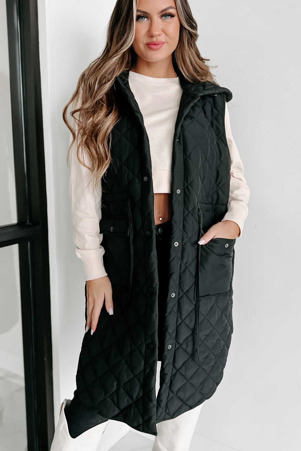 My Missing Piece Quilted Hooded Vest (Black)-The Formal Wear