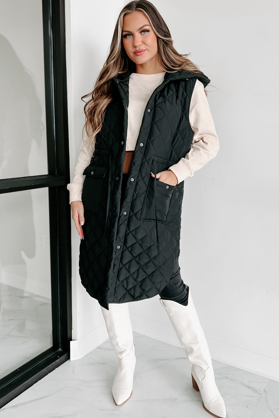 My Missing Piece Quilted Hooded Vest (Black)-The Formal Wear