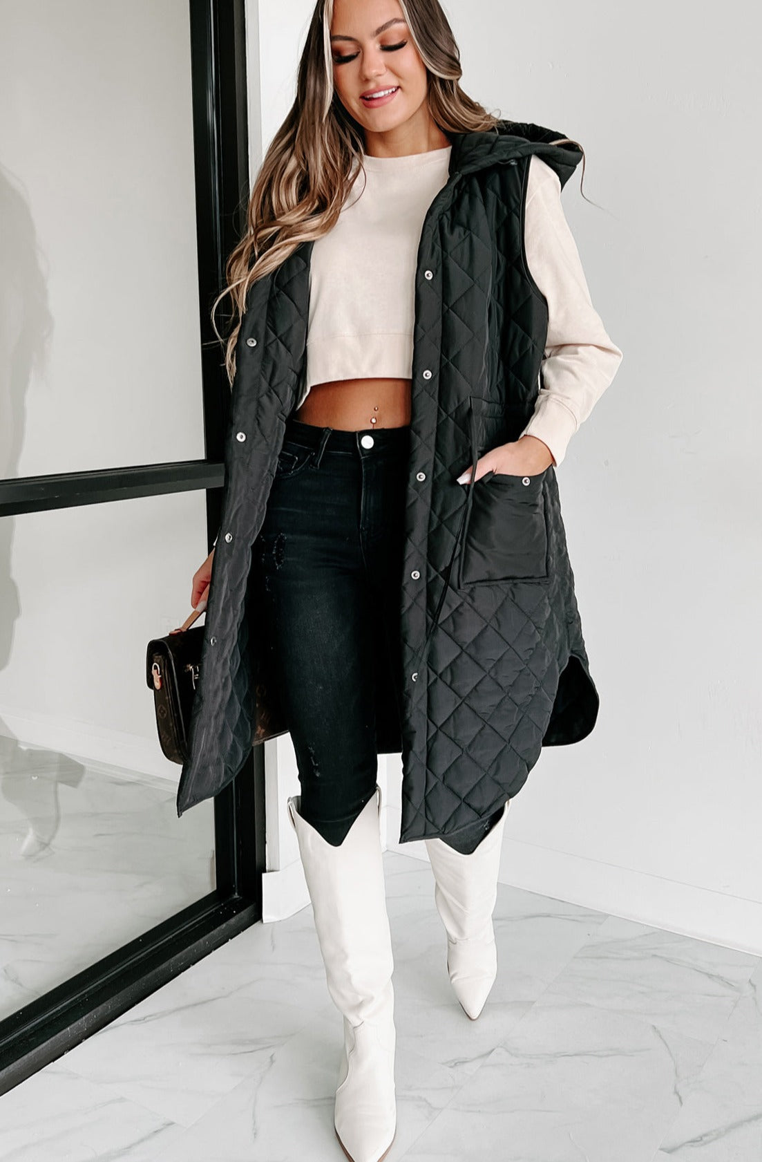 My Missing Piece Quilted Hooded Vest (Black)-The Formal Wear