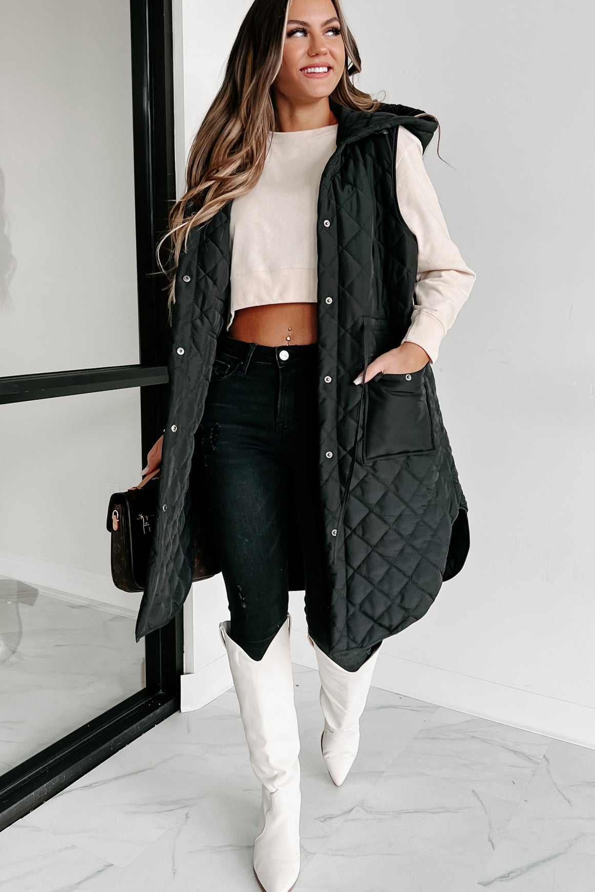 My Missing Piece Quilted Hooded Vest (Black)-The Formal Wear