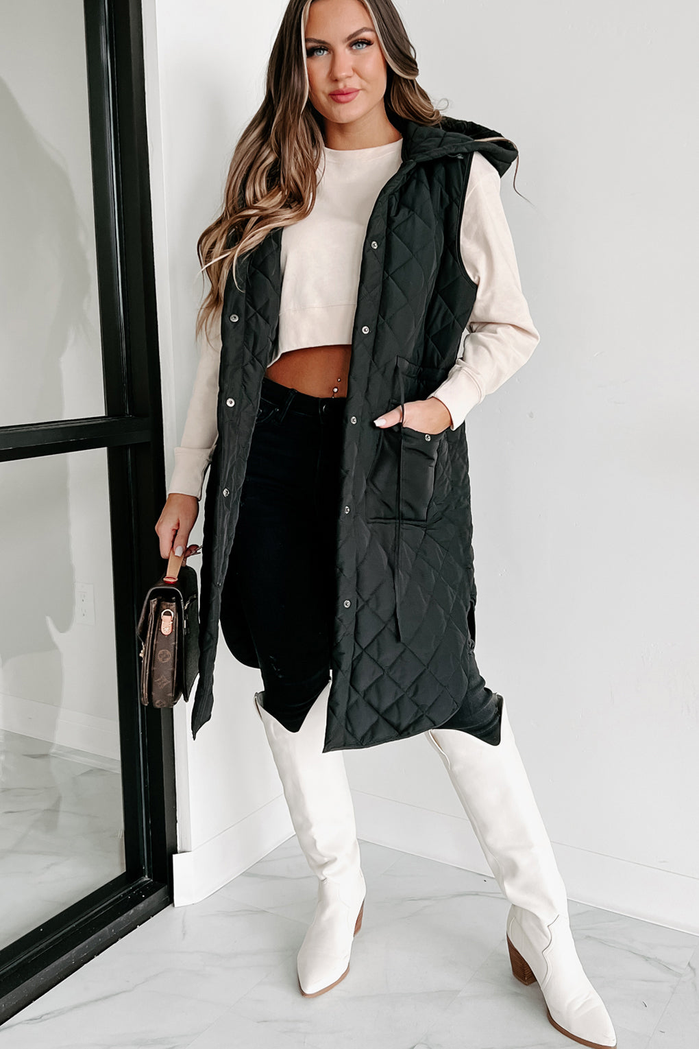 My Missing Piece Quilted Hooded Vest (Black)-The Formal Wear